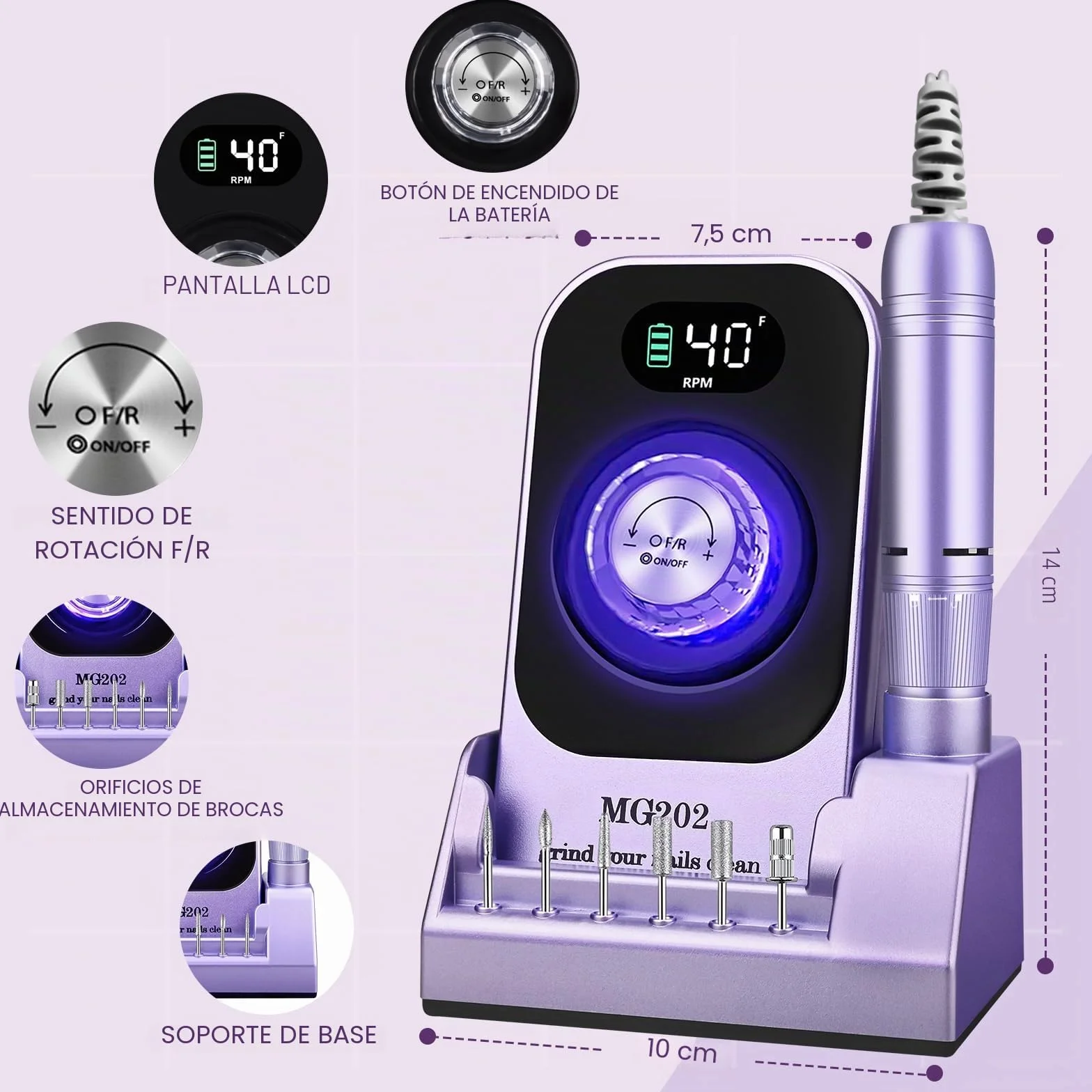 Taladro de uñas profesional 40000 RPM, Urbuti 12 en 1 Lima de uñas eléctrica 4000 mAh con pantalla LCD, velocidad ajustable, silencioso, taladro de manicura portátil para salón/hogar (púrpura)
