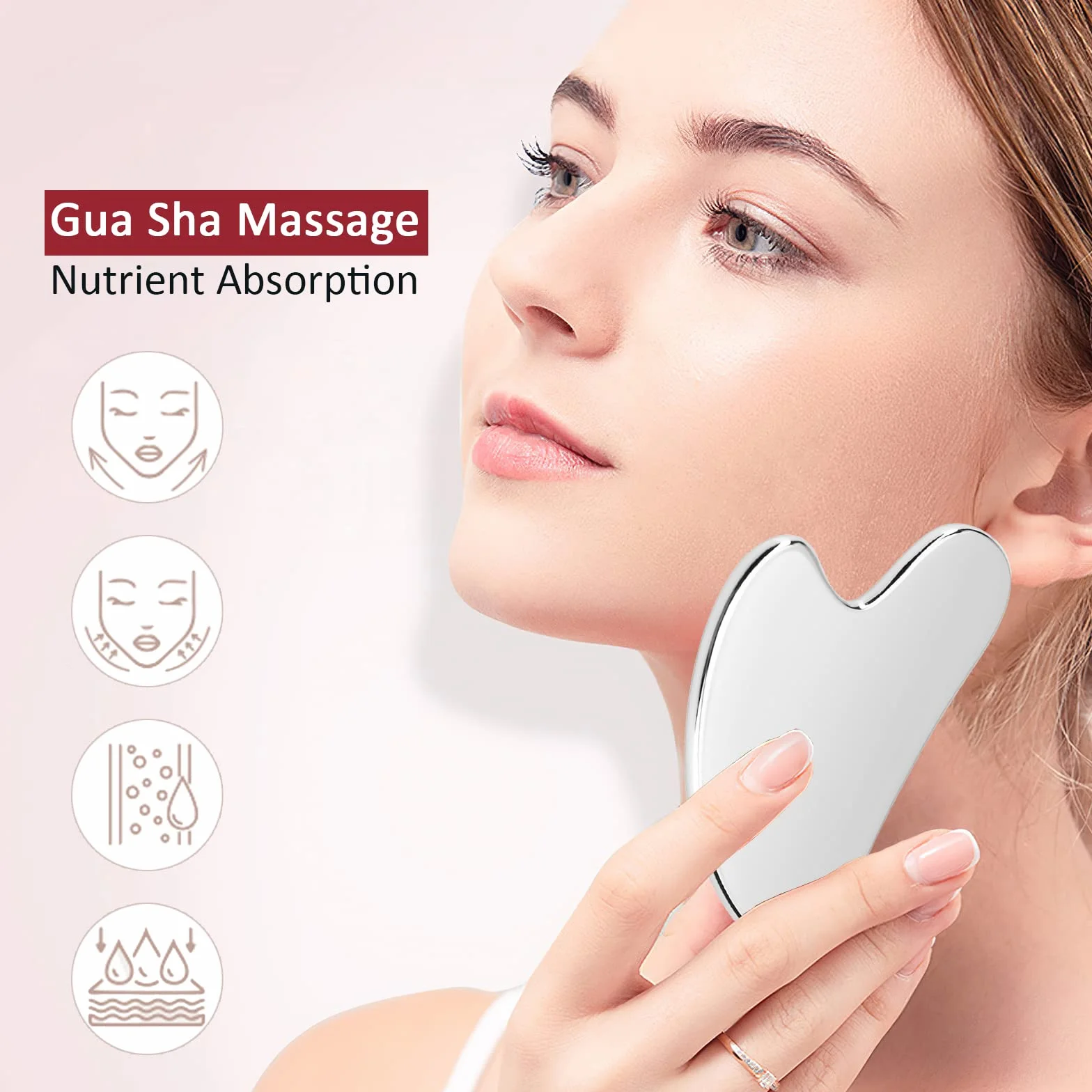 Gua Sha Acero Inoxidable, Herramienta GuaSha Facial, Rascador de Masaje para Drenaje Linfático