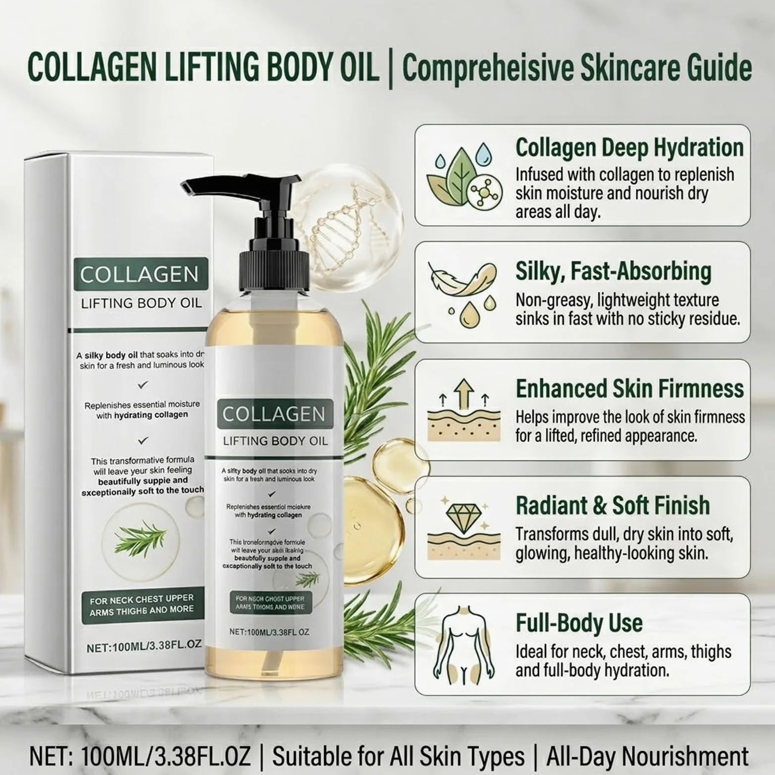 Aceite de colágeno para reafirmar la piel, colágeno lifting Body Oil After Shower, aceites hidratantes reafirmantes, aceites corporales hidratantes antiedad para piel seca, líneas finas (2 unidades)