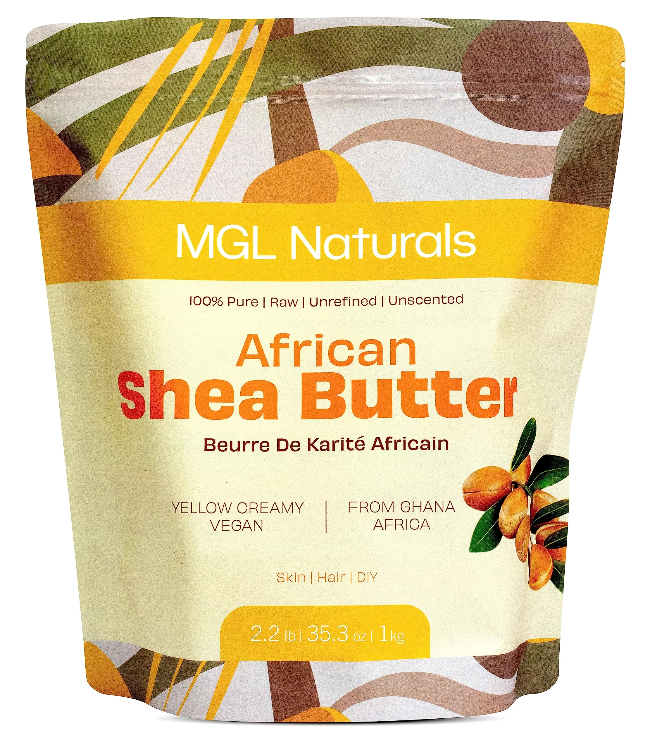 MGL Naturals, manteca de karité africana sin refinar, 100 % pura, cruda, vegana y orgánica. Nutritiva e hidratante. Úsalo solo o recetas de bricolaje. 1 kg