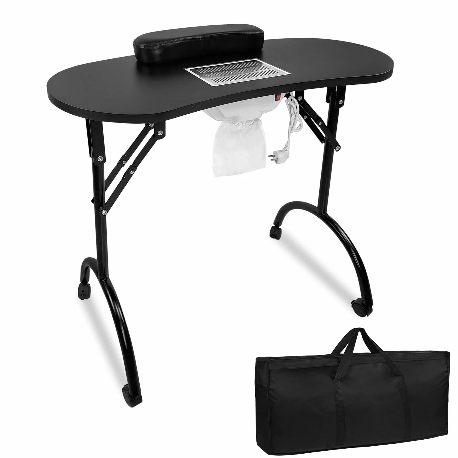 UISEBRT Mesa de manicura plegable con aspiración Mesa de uñas portátil Mesa de manicura portátil con ruedas Mesa de manicura móvil, color negro
