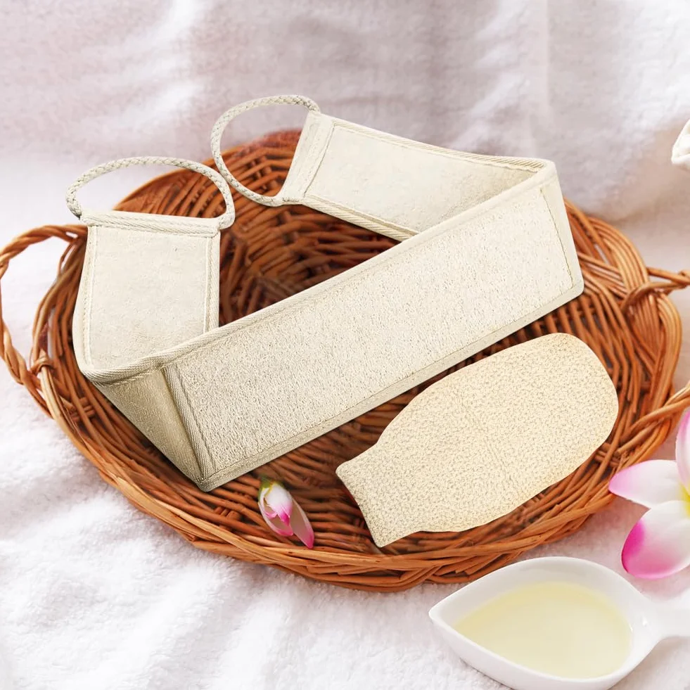 LOPHE Juego de estropajo exfoliante 2 Piezas Loofah Baño Guantes Exfoliantes Cáñamo Natural Cinturón Ducha Lufa