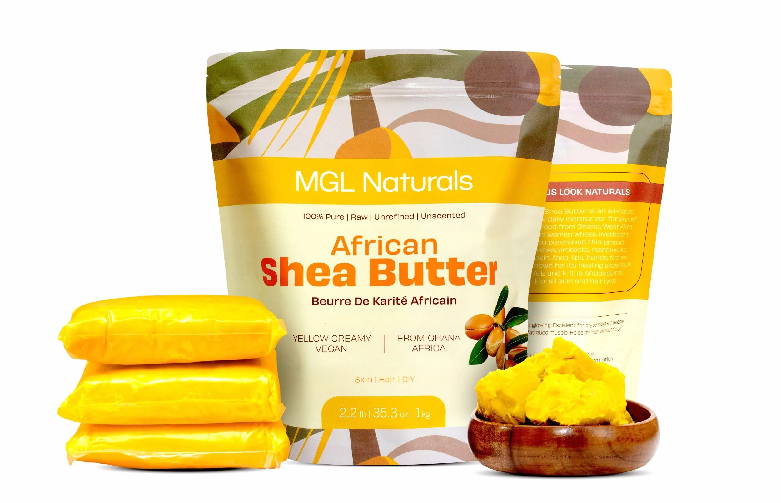 MGL Naturals, manteca de karité africana sin refinar, 100 % pura, cruda, vegana y orgánica. Nutritiva e hidratante. Úsalo solo o recetas de bricolaje. 1 kg