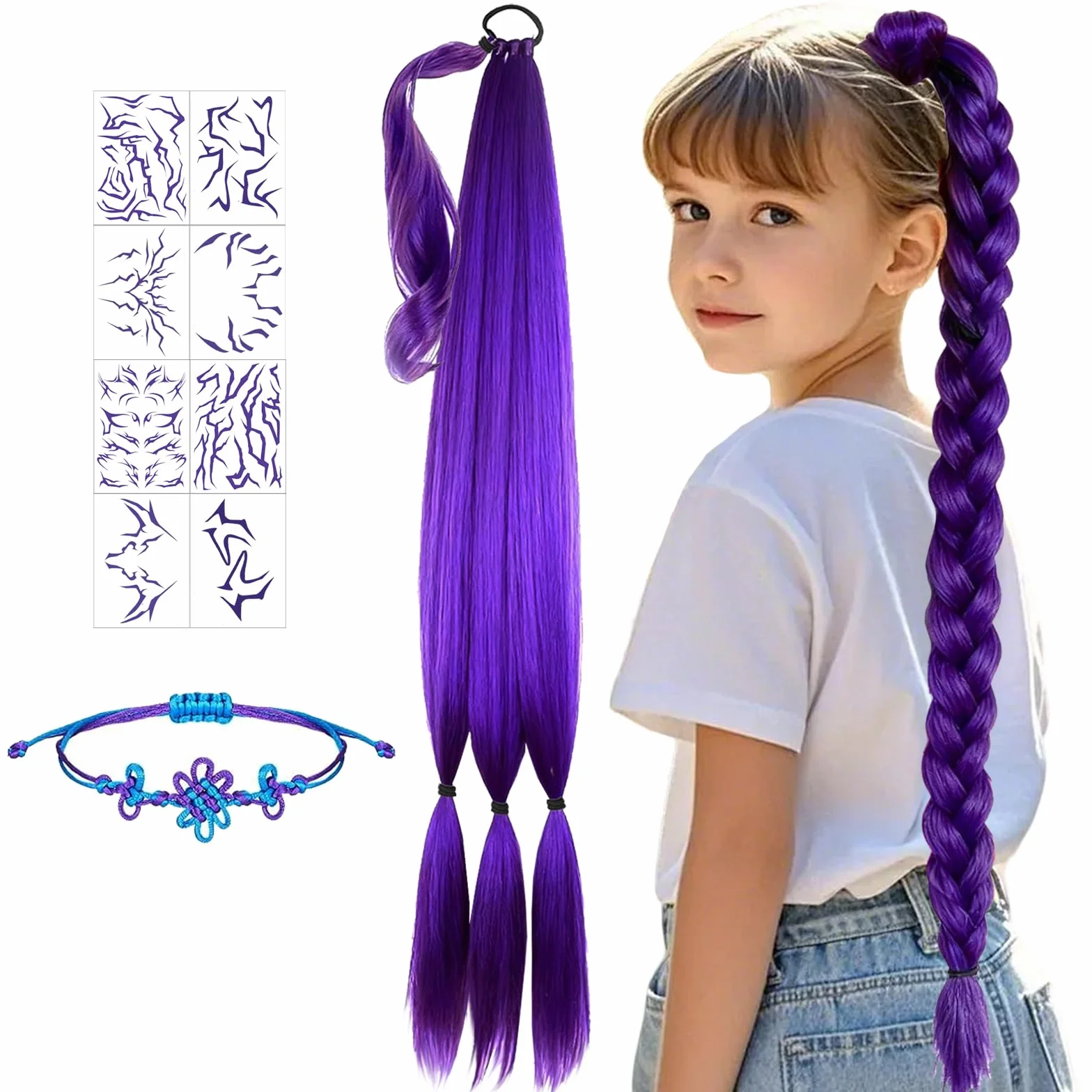 Peluca larga morada cosplay niños juego 10 piezas pulsera trenzada tatuajes carnaval