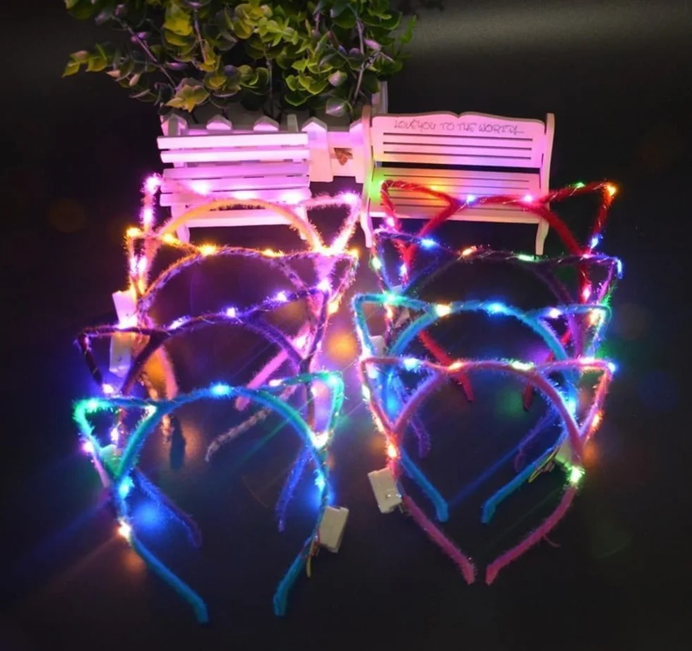 Diademas de orejas de gato con lentejuelas LED brillantes para el pelo, accesorios para fiestas
