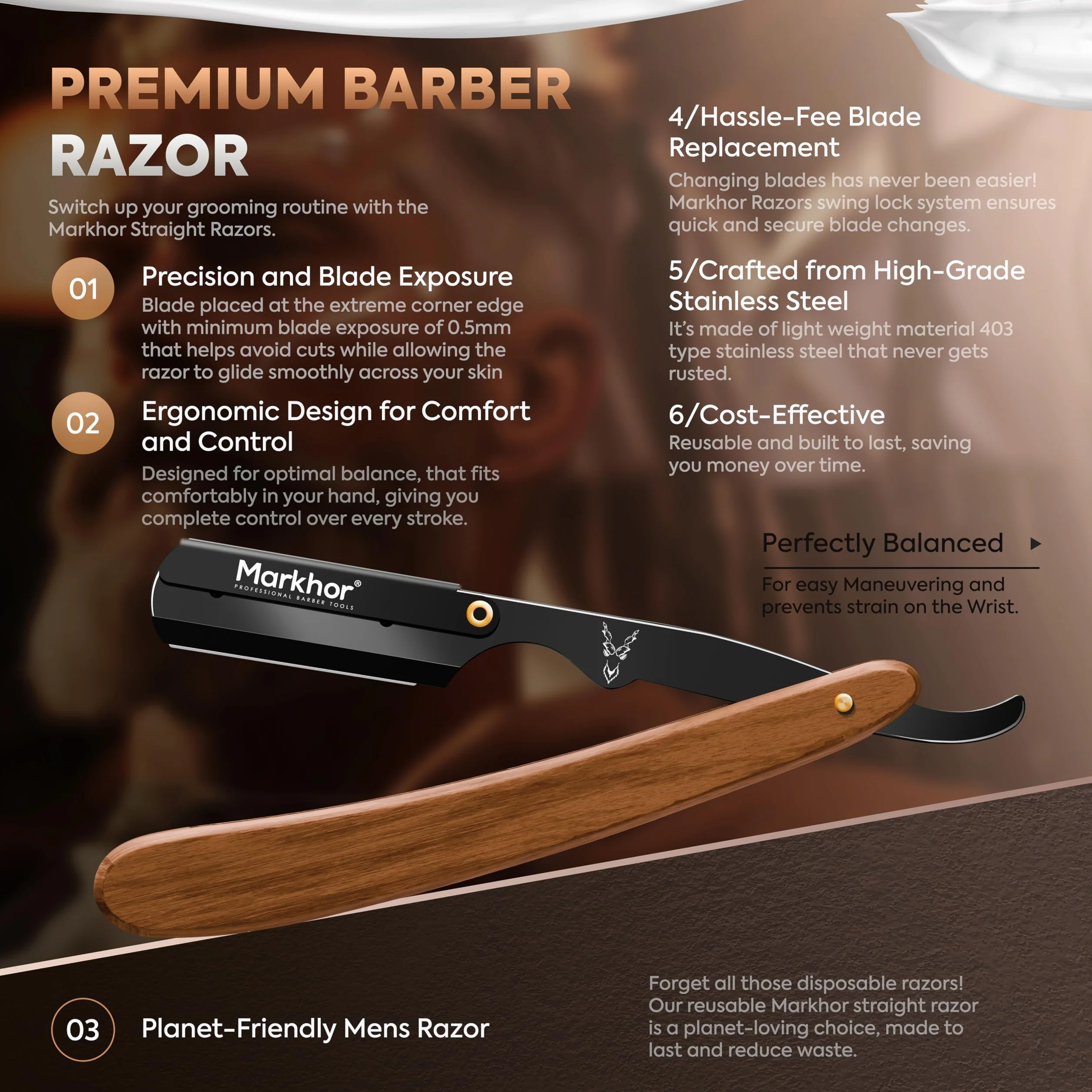 MARKHOR Professional Straight Razor for Men, 100 Blades, Black Matte Wood, Classic Barber Shaving Kit