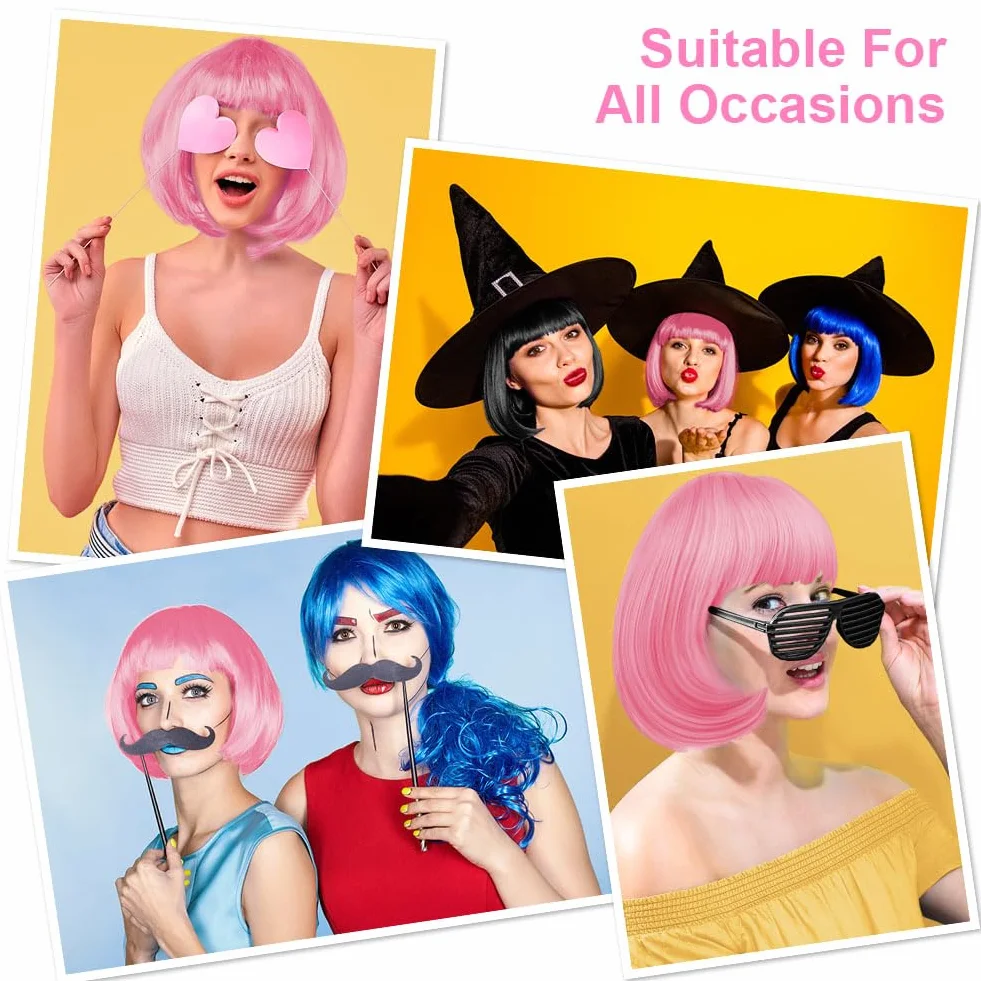 Aomig Peluca Rosa Corta Anime Cosplay con Gafas y Redecilla, Peluca Bob Sintética Neón Halloween Carnaval