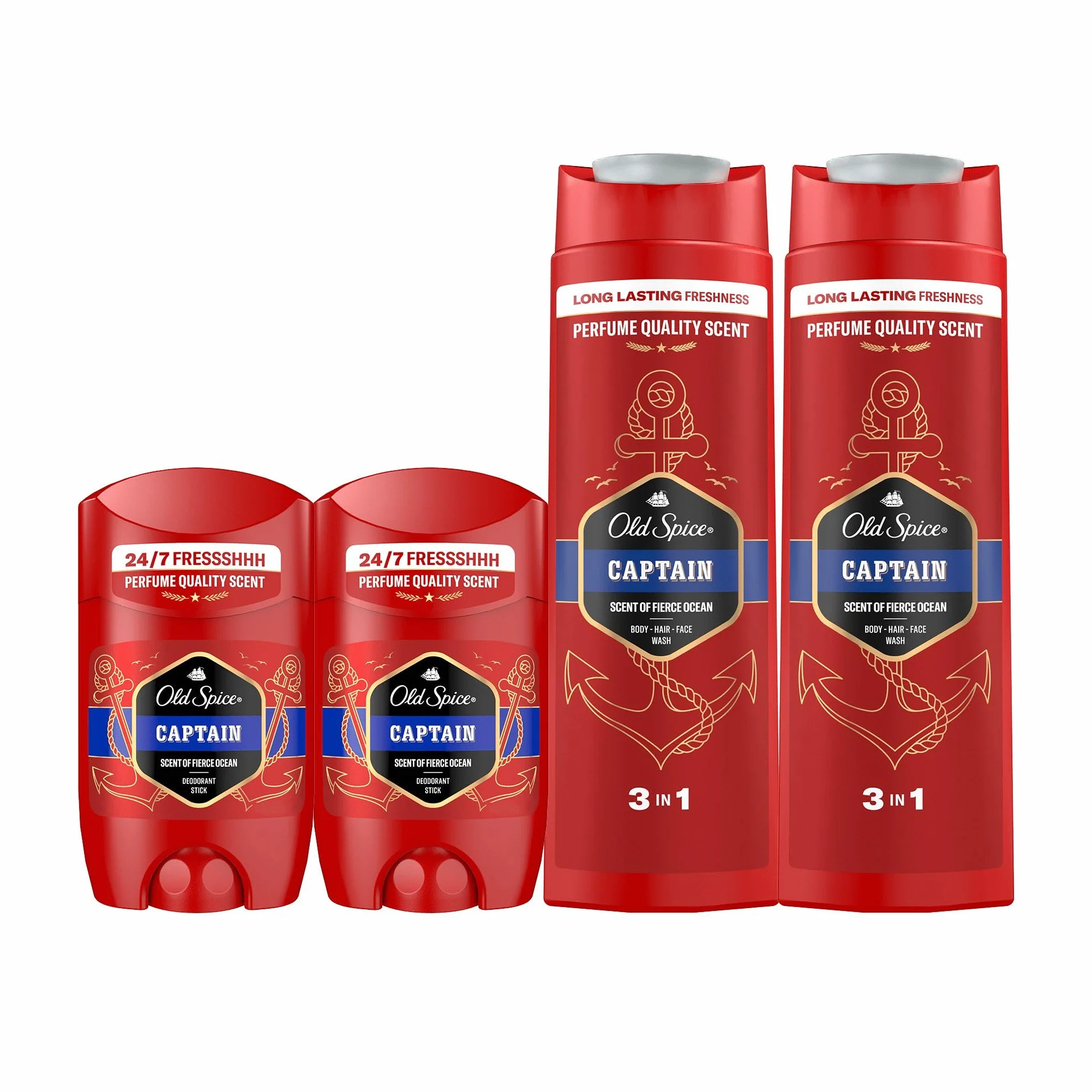Old Spice Captain Desodorante en Barra para Hombres 2x50ml + Gel y Champú 3 en 1 2x400ml, Fresco 24 Horas