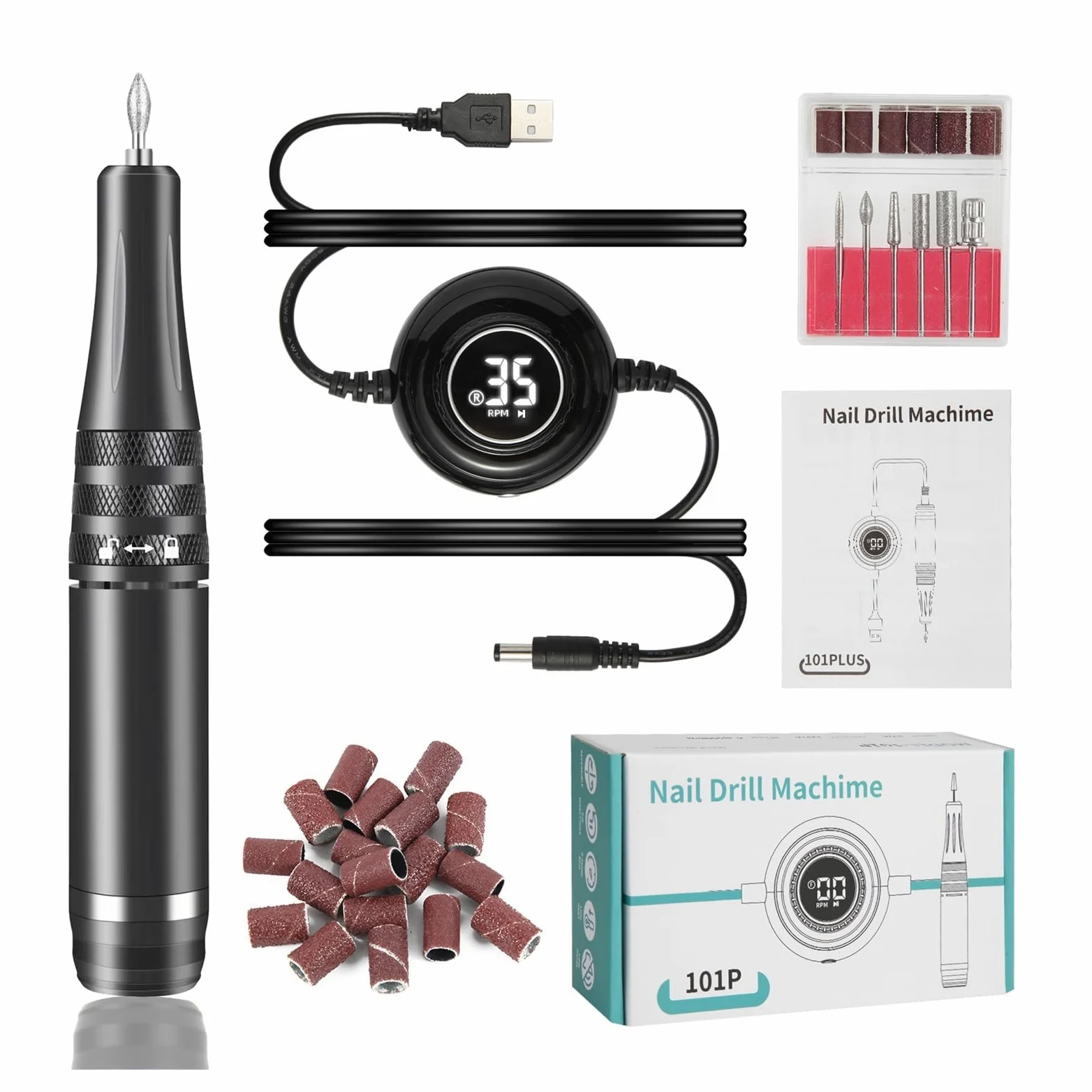 Máquina de manicura de 35000 RPM, taladro de uñas eléctrico, torno de uñas portátil, juego de cortador de manicura eléctrico, pulidor de uñas en gel, equipo de salón(101P Black)