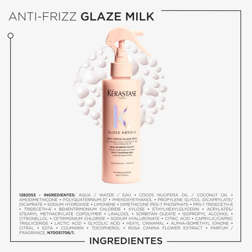 Kérastase Gloss Absolu Anti-Frizz Glaze Milk, Spray Multibeneficios Todo en Uno para Cabello con Tendencia al Encrespamiento, Con Ácido Glicólico, Ácido Hialurónico y Rosa Silvestre en Aceite, 190ml