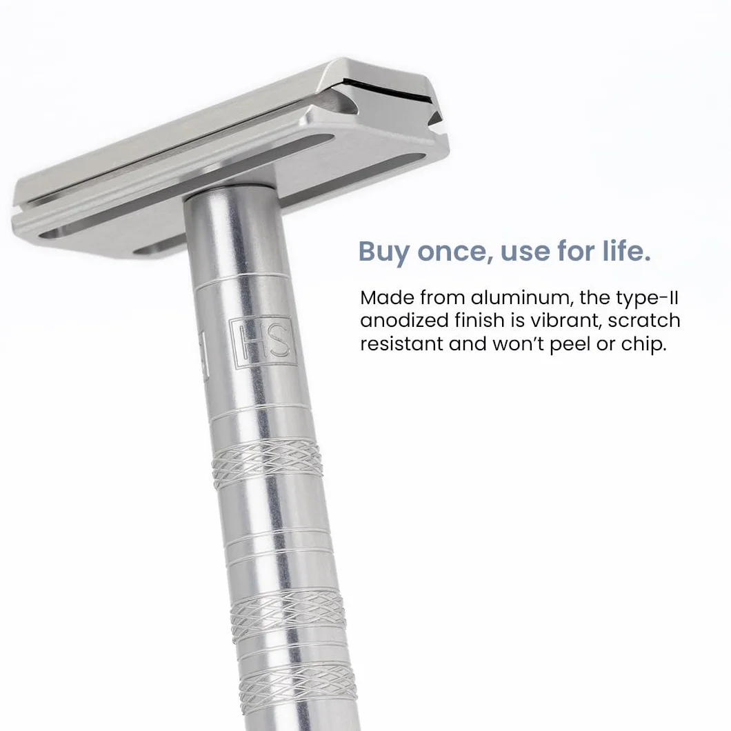 Henson Shaving Maquinilla de Seguridad Doble Filo + 5 Cuchillas | Afeitado apurado y reutilizable para hombre. Bisel de precisión 30°, cuerpo aeronáutico anodizado, 5 recambios.