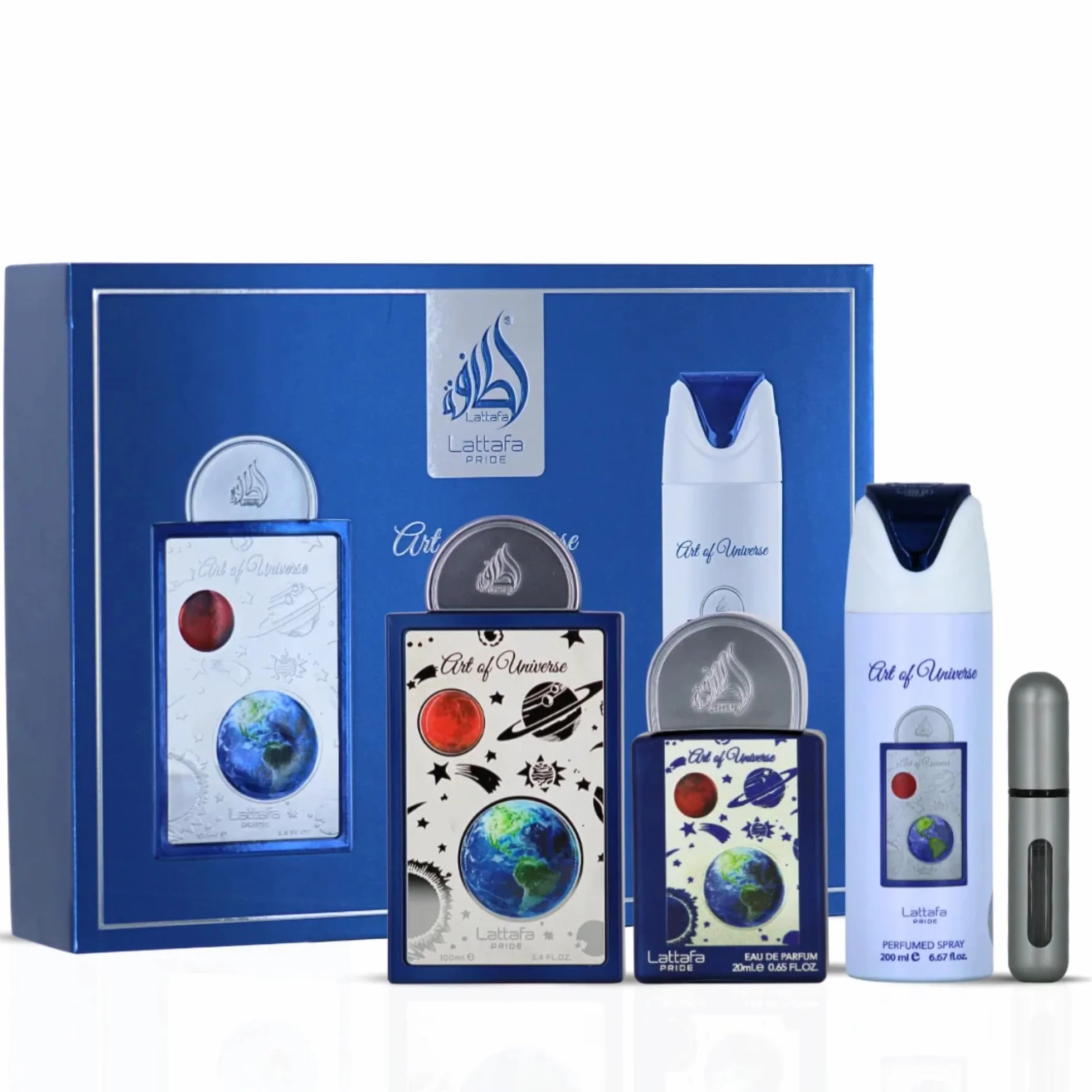 Lattafa Pride Art Of Universe Juego de regalo 3 piezas hombre EDP 100 ml spray corporal 200 ml EDP viaje 20 ml