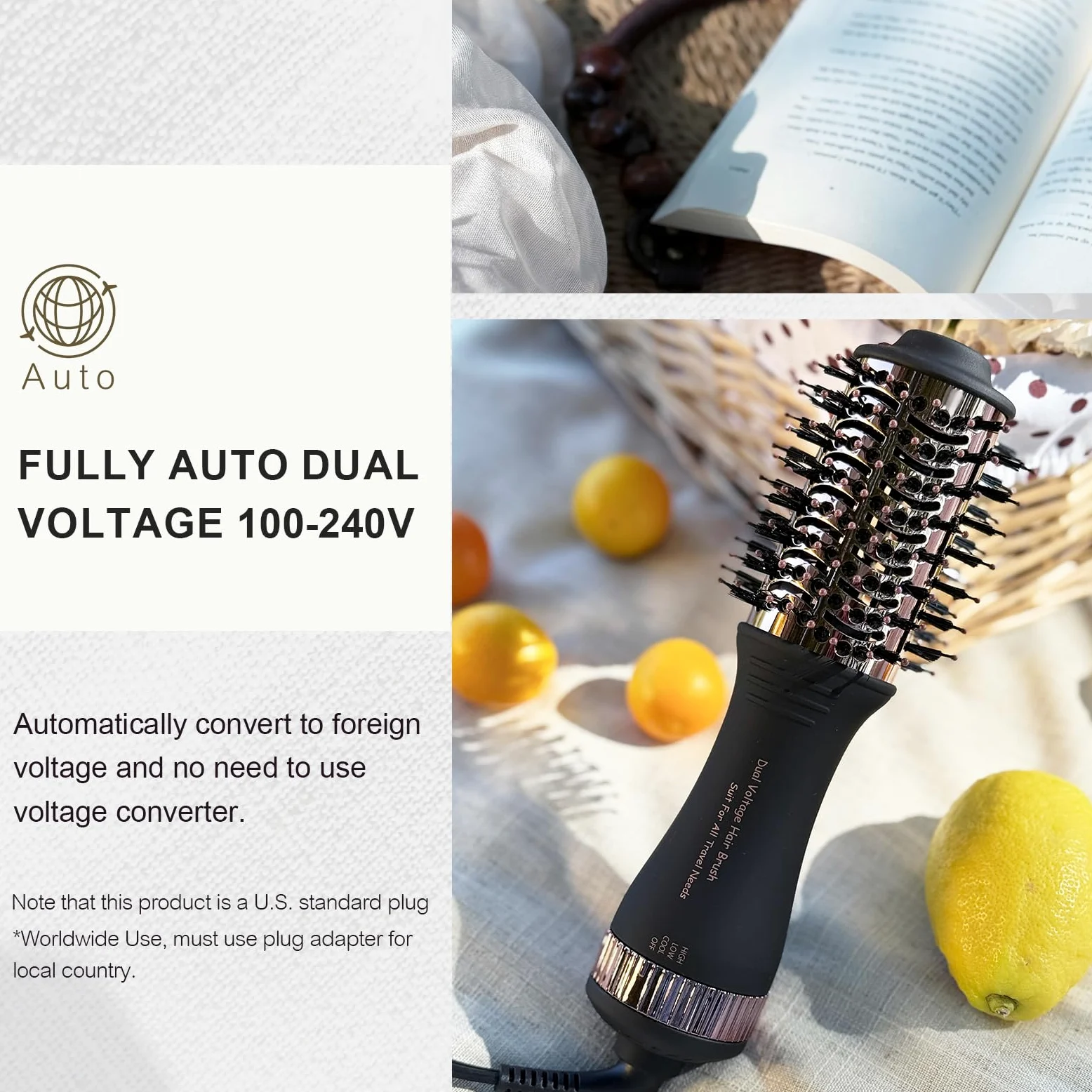 Cepillo secador de pelo de doble voltaje en uno, cepillo de aire caliente de forma ovalada de 2 pulgadas, herramientas de viaje para el cabello/voluminizador/alisador/rizador, cepillo europeo de