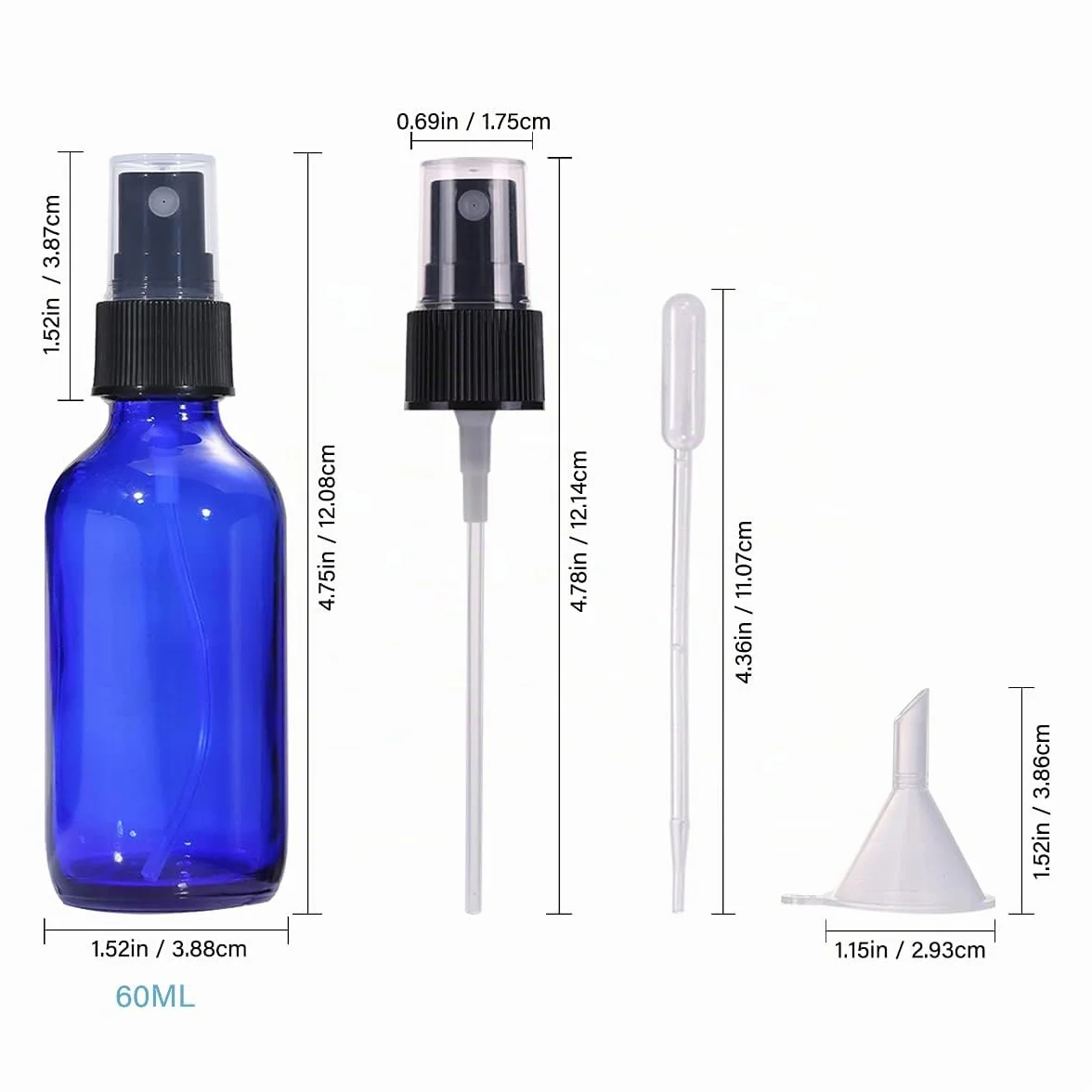 Botella de spray de vidrio 60 ml azul, atomizador de niebla fina reutilizable, botellas de aerosol de viaje para aceites esenciales, perfumes, limpieza (2 piezas)