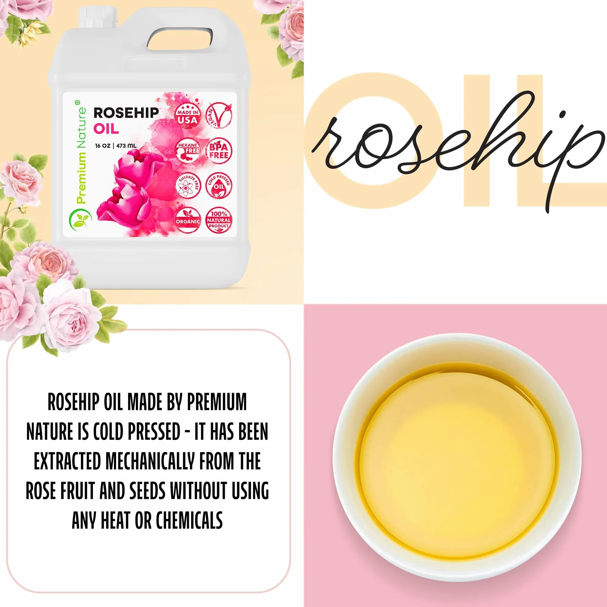 Aceite de rosa mosqueta para piel, cara, cuerpo, cabello, uñas, prensado en frío, sin refinar, aceite de rosa mosqueta, hidratante, masa, aceite de rosa mosqueta puro, 100 aceite de rosa mosqueta