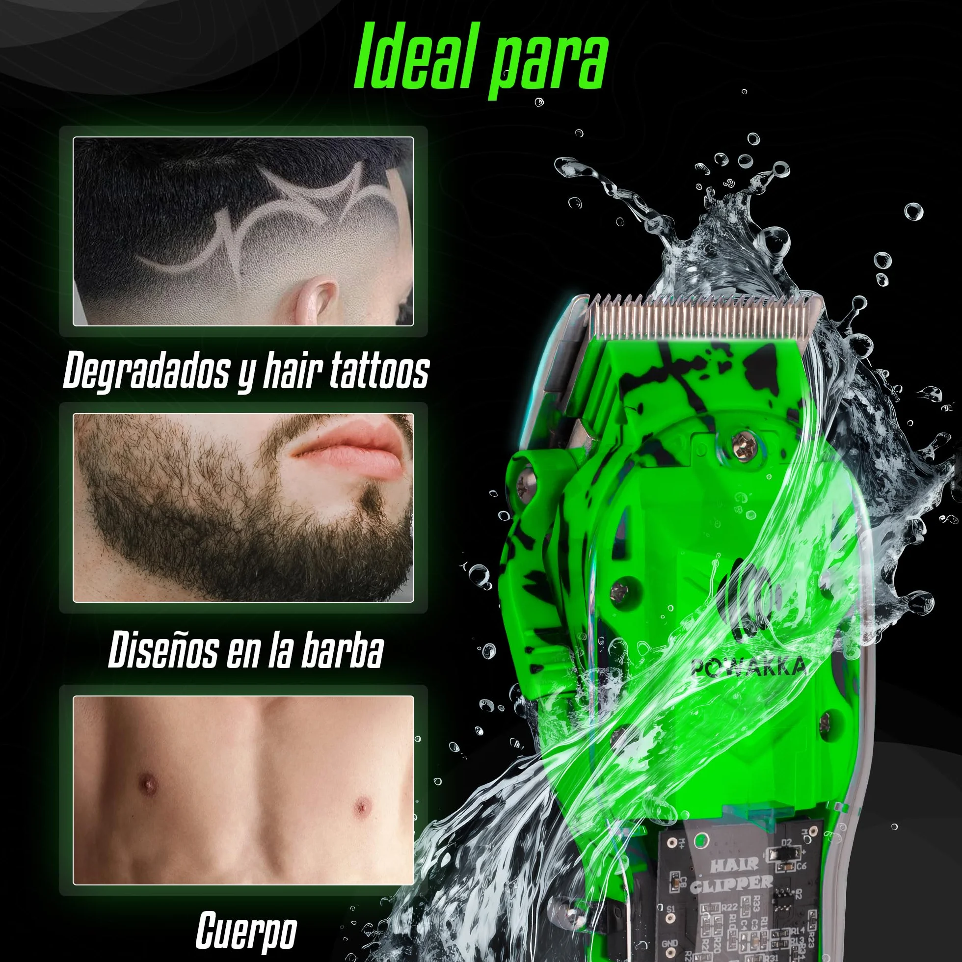 Recortadora de Pelo Inalámbrica LED Verde, Cortapelos para Hombre Barba y Cabello con Kit de 8 Peines Guía y Batería de Larga Duración