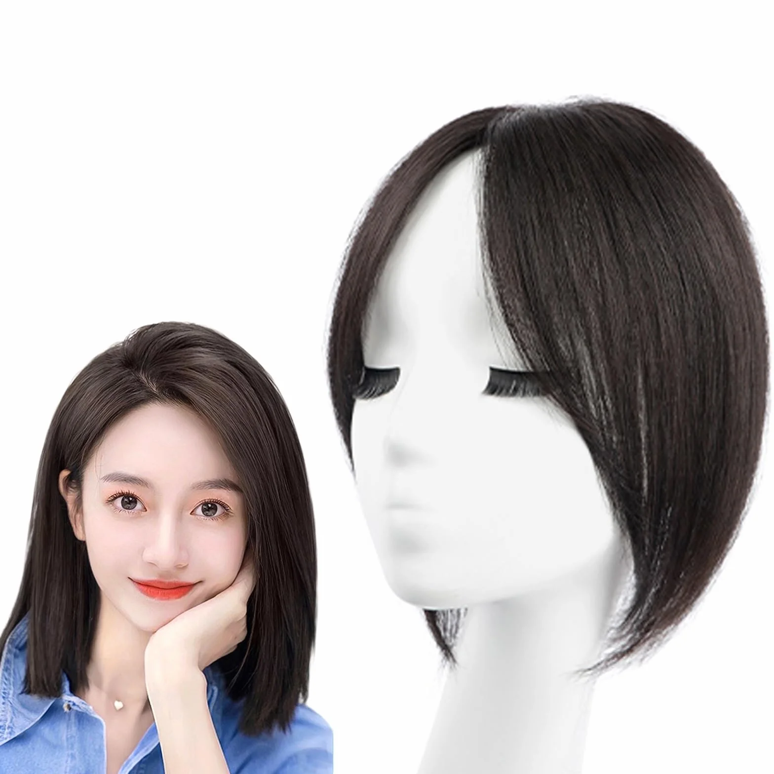 25 Cm Adornos for El Cabello Con Flequillo Francés Pedazo De Cabello Humano for Mujeres 7 X 10 Cm Base De Encaje Peluquín Extensiones De Cabello Con Cobertura De 360°(Black)