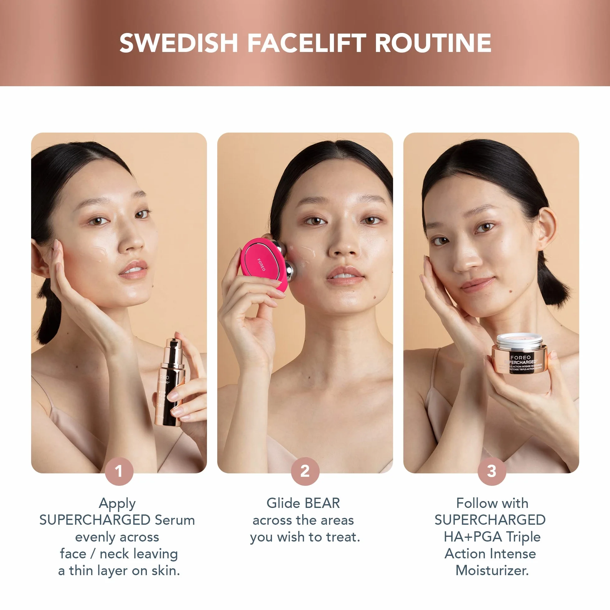 FOREO BEAR Reafirmante Dispositivo de Microcorrientes Facial + 2x Sérum 30 ml Ácido Hialurónico Masajeador Antiedad Fuchsia