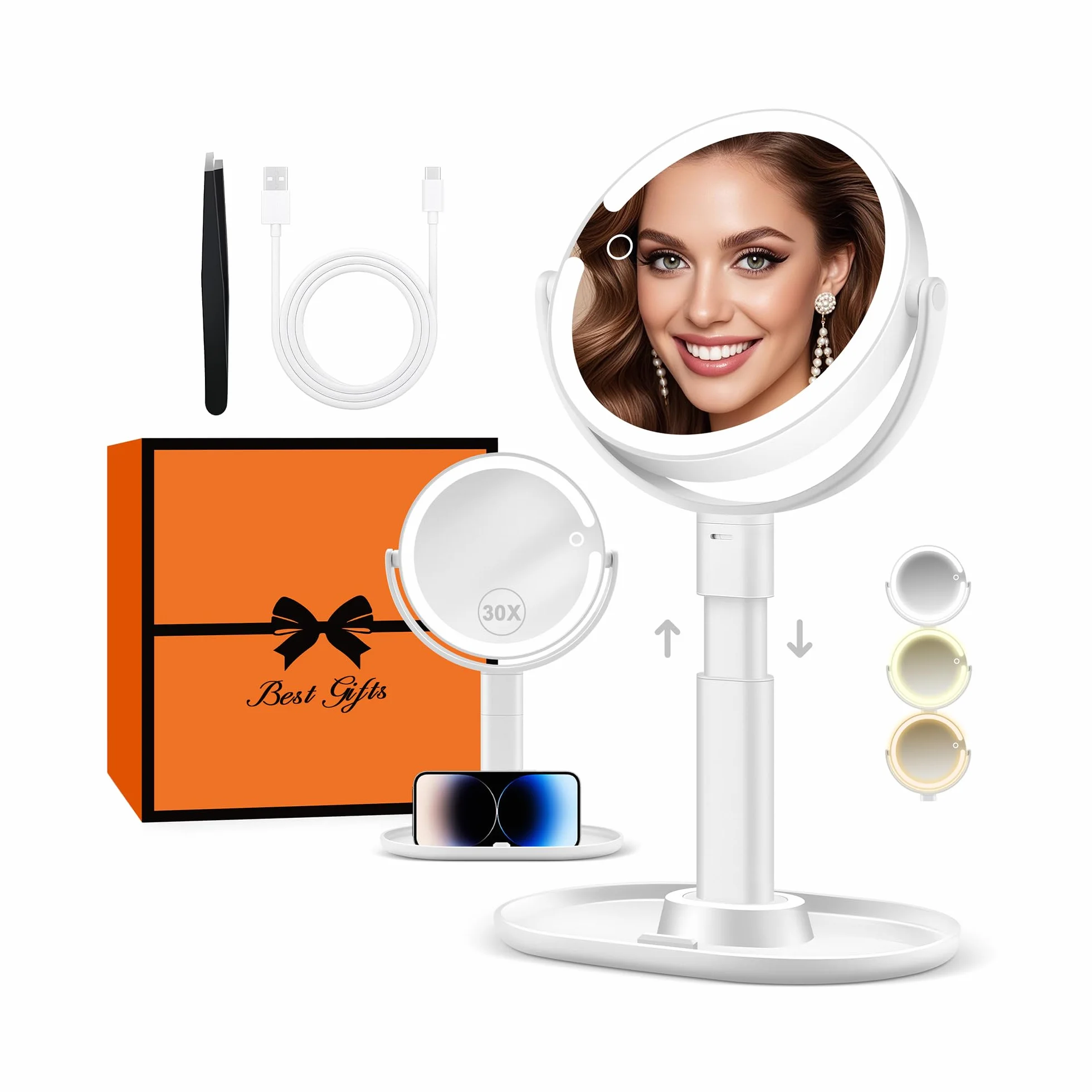 B Beauty Planet Espejo de maquillaje con luces 30X aumento iluminado brillo ajustable 2 lados altura ajustable para baño