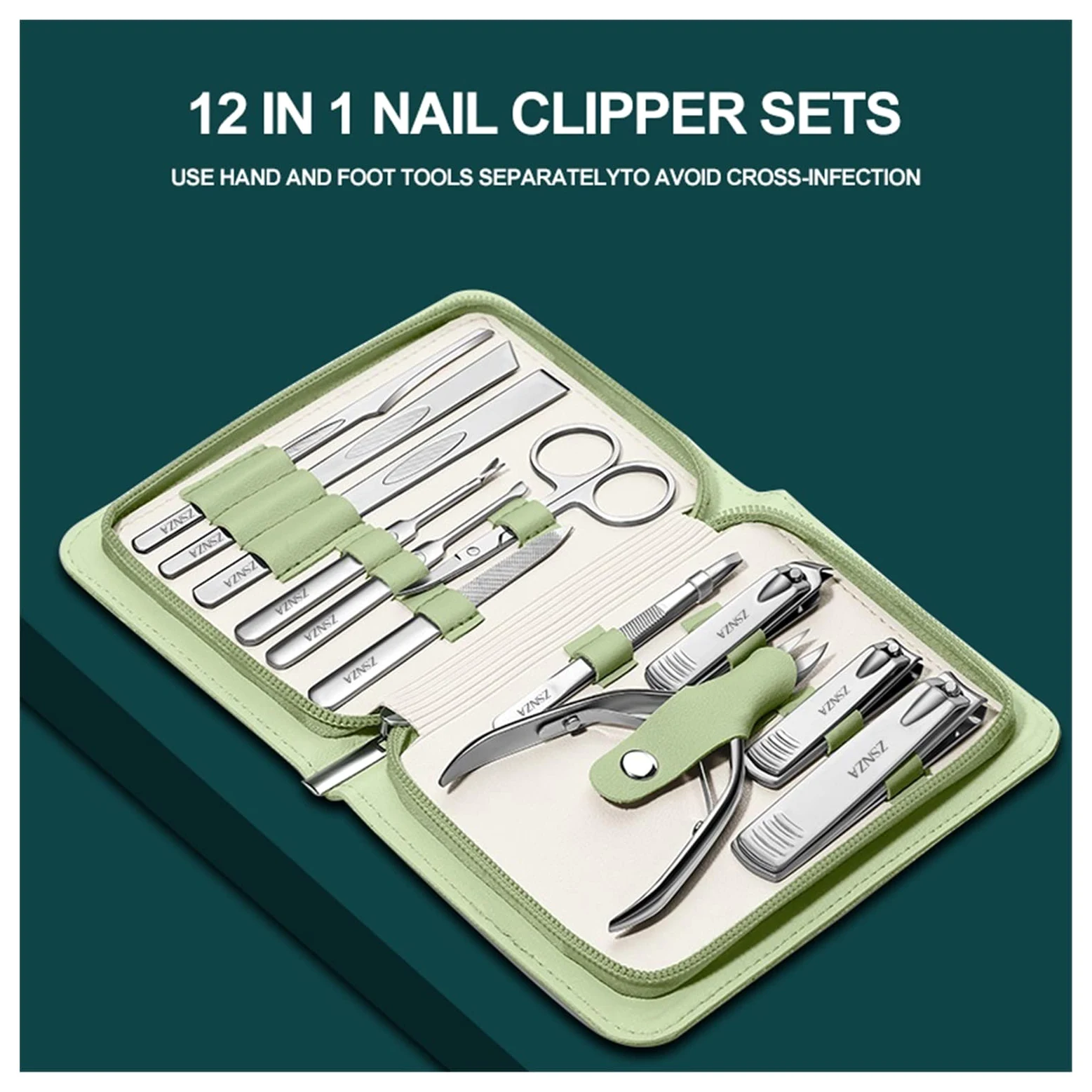 Conjunto de manicura Acero Inoxidable Clippers de uñas Kit de Viaje Pedicura Alicates Ped Personal Nail Trimmer Ingrown Nail Pickers Care Herramienta de Cuidado (Color : Green)