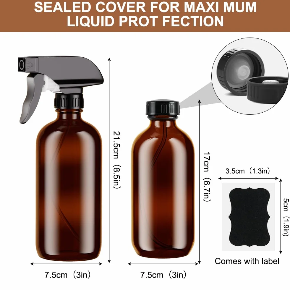 HOTUT Botella de spray de vidrio ámbar 500 ml 4 piezas kit anti-UV a prueba de fugas