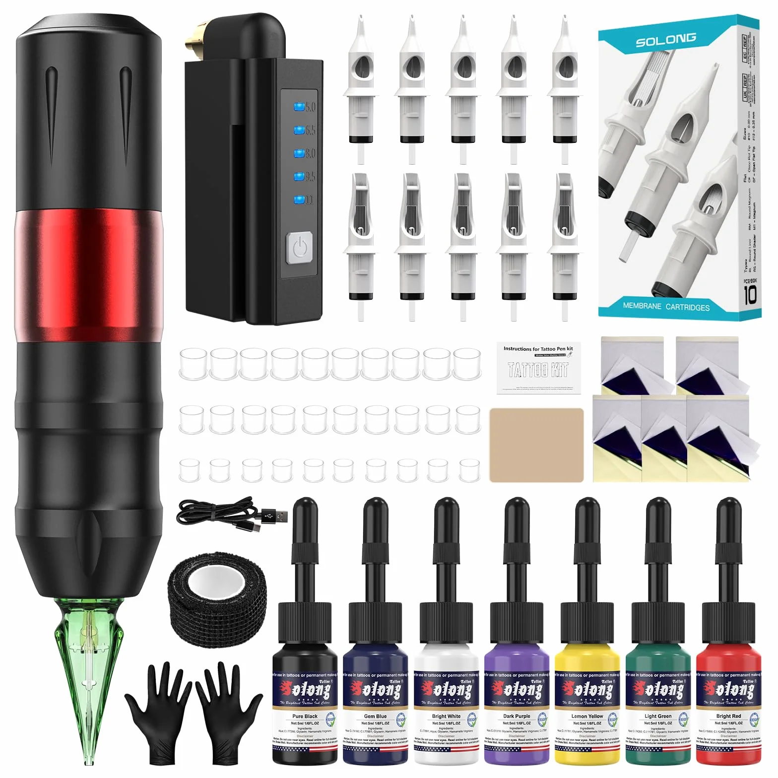 Kit de Tatuaje Profesional Solong - Máquina Rotativa, Incluye 10 Agujas, 7 Tintas y Batería 1500mAh. Ideal para Principiantes y Profesionales. EF-TKP752BEU-2