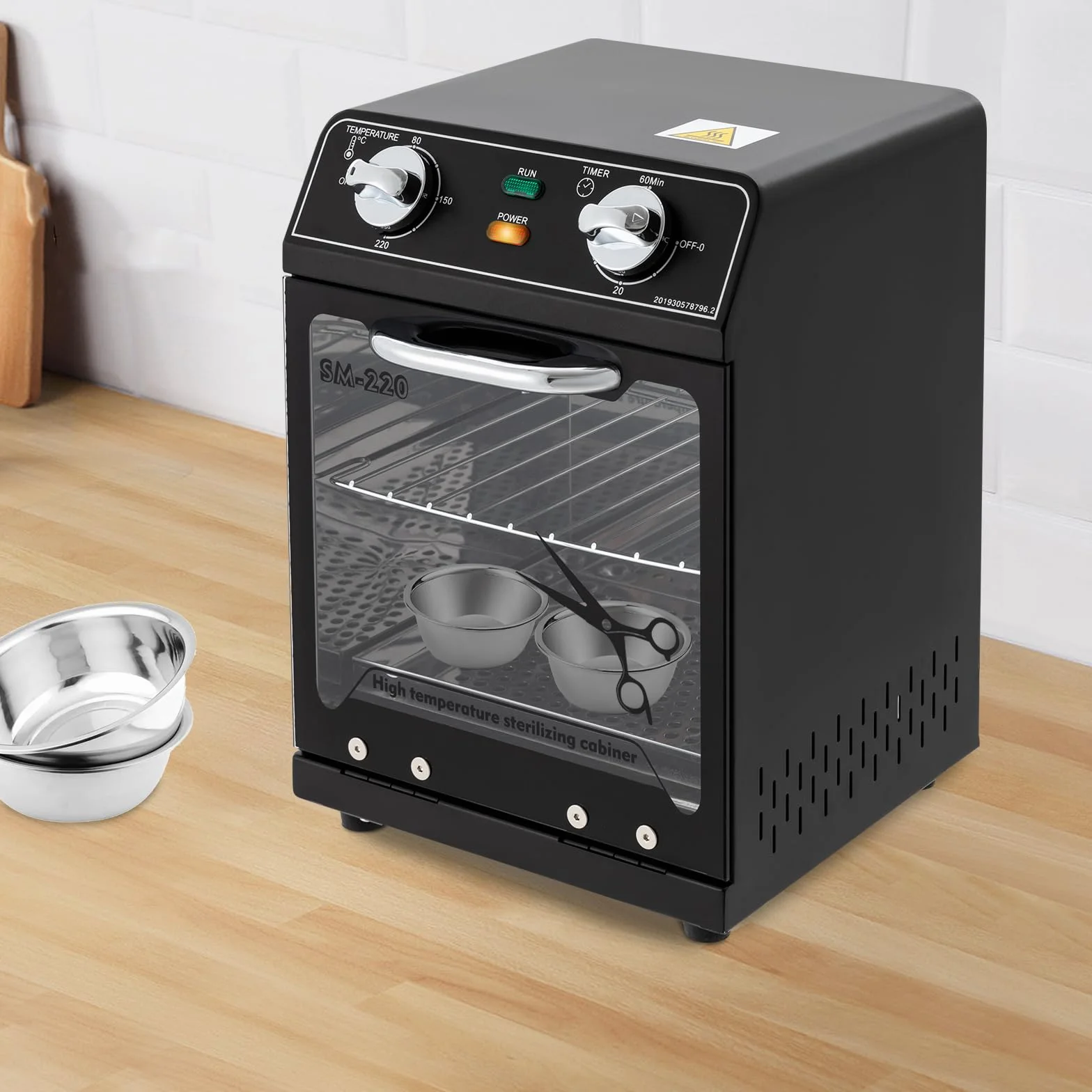 Esterilizador de Alta Temperatura de 2 Niveles, 8L, 600W, Temperatura Ajustable 0-220 ℃, Tiempo Ajustable 0-60 Min, 22 x 21 x 31,5 Cm (Negro)