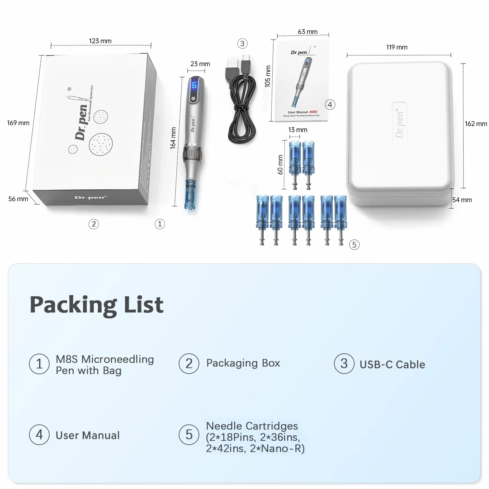 Dr. Pen M8S Microneedling Pen Kit Profesional Inalámbrica para Rostro Cuerpo Crecimiento Cabello Barba 8 Cartuchos