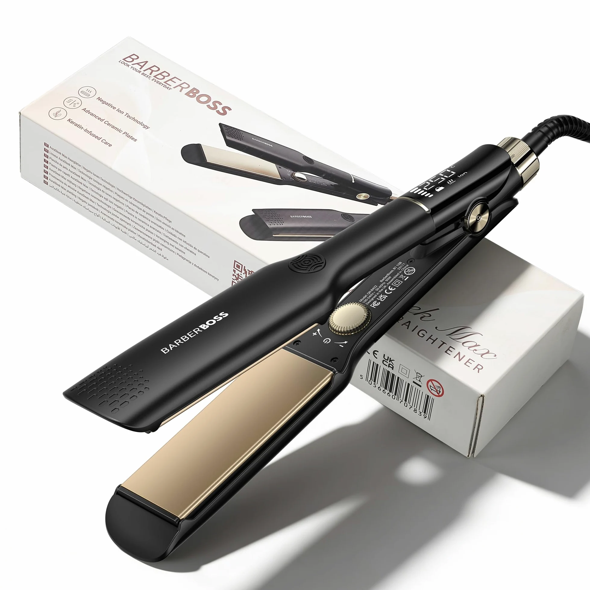 BarberBoss Alisador, placas flotantes de cerámica, tratamiento iónico y queratina para cabello liso y sin encrespamiento, plancha profesional a temperatura ajustable (QR-8422, Negro)