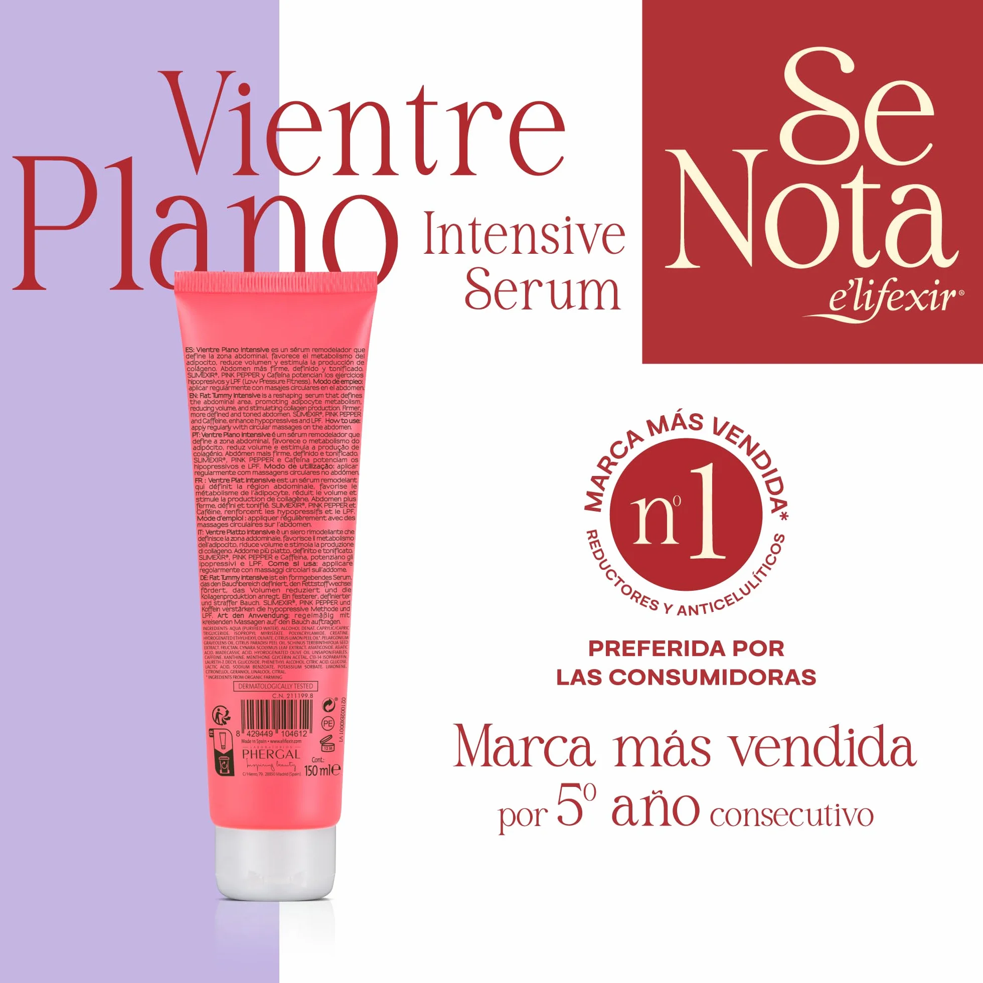 Elifexir Sérum Vientre Plano Intensive 150ml Elimina Volumen Drena Tonifica Reafirma Abdomen SLIMEXIR PINK PEPPER Cafeína