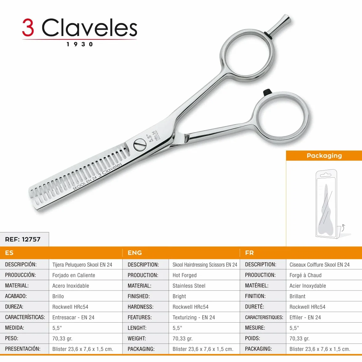 3 Claveles 12757 Tijera Peluquero Entresacar 5.5" Profesional