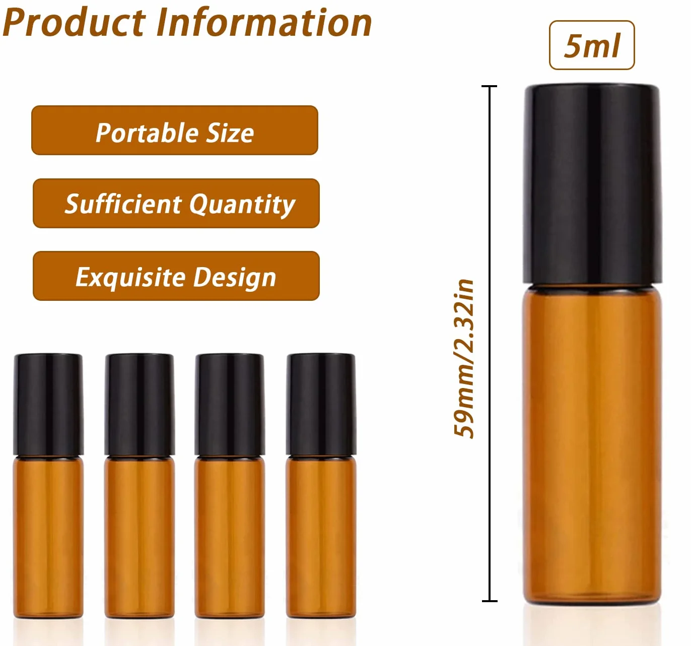 Botellas de vidrio ámbar 5ml con bola de acero inoxidable, Roll-on aceite esencial recargable