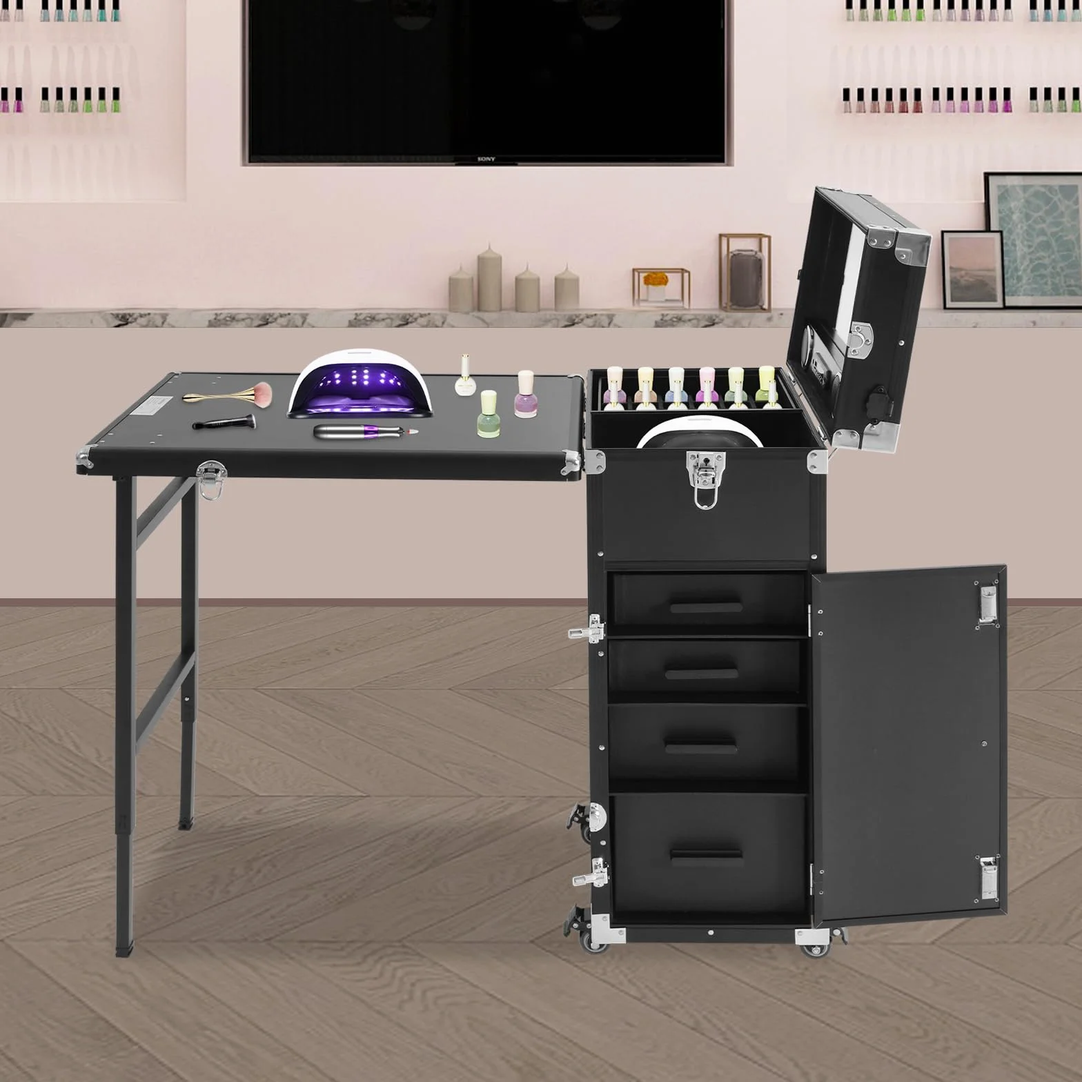 Mesa de manicura, mesa de uñas plegable con 4 cajones y mando a distancia, mesa de manicura móvil enrollable como estación de maquillaje temporal para salón de belleza (negro)