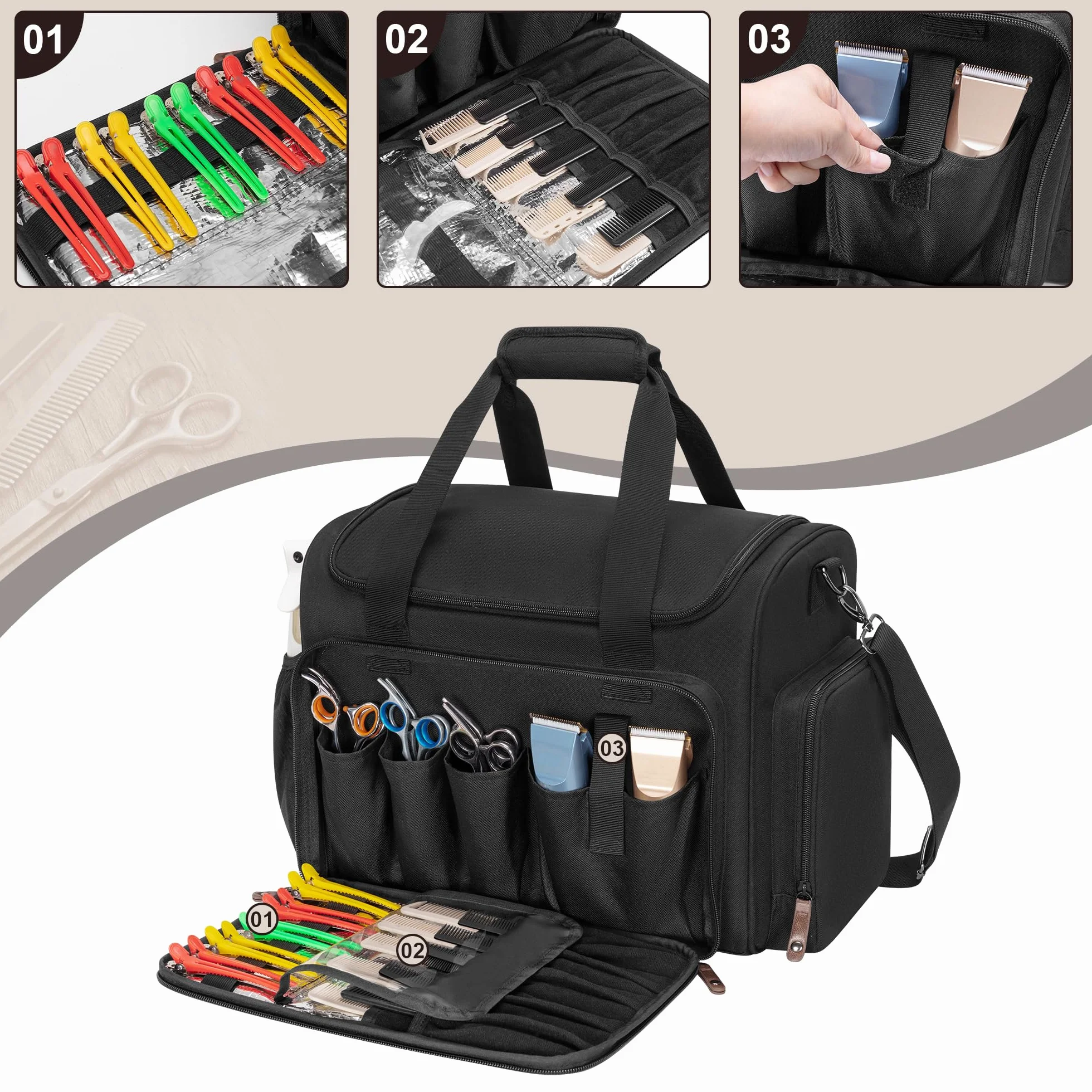 BAFASO Bolsa de Viaje Aislada para Peluquería con Divisor Semi Desmontable y Dos Bolsillos Extraíbles, Bolsa de Peluquería para Varias Herramientas de Corte de Cabello, (Solo Bolsa), Negro