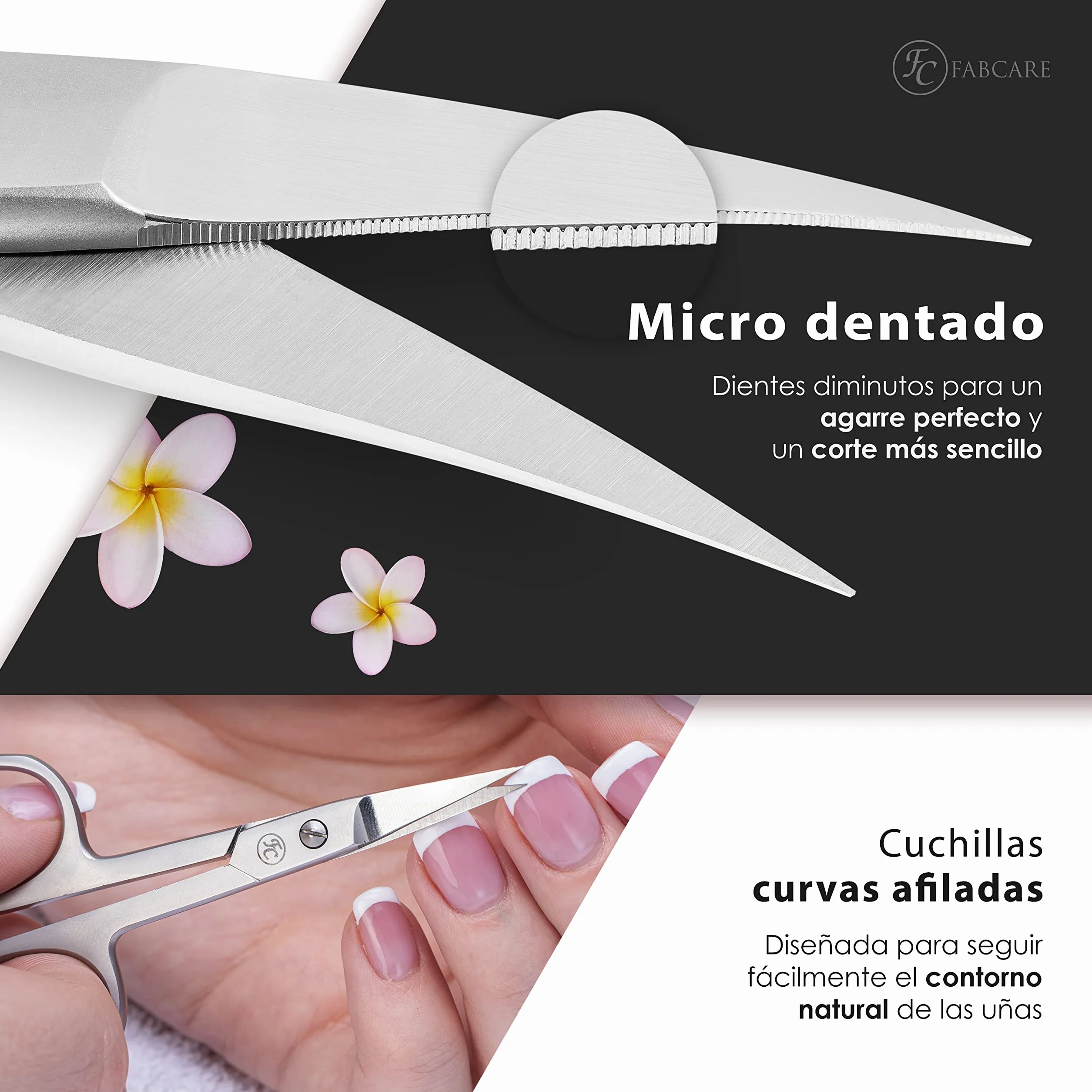 FABCARE Tijeras profesionales para uñas microdentado filo curvo extra afilado corte limpio y seguro