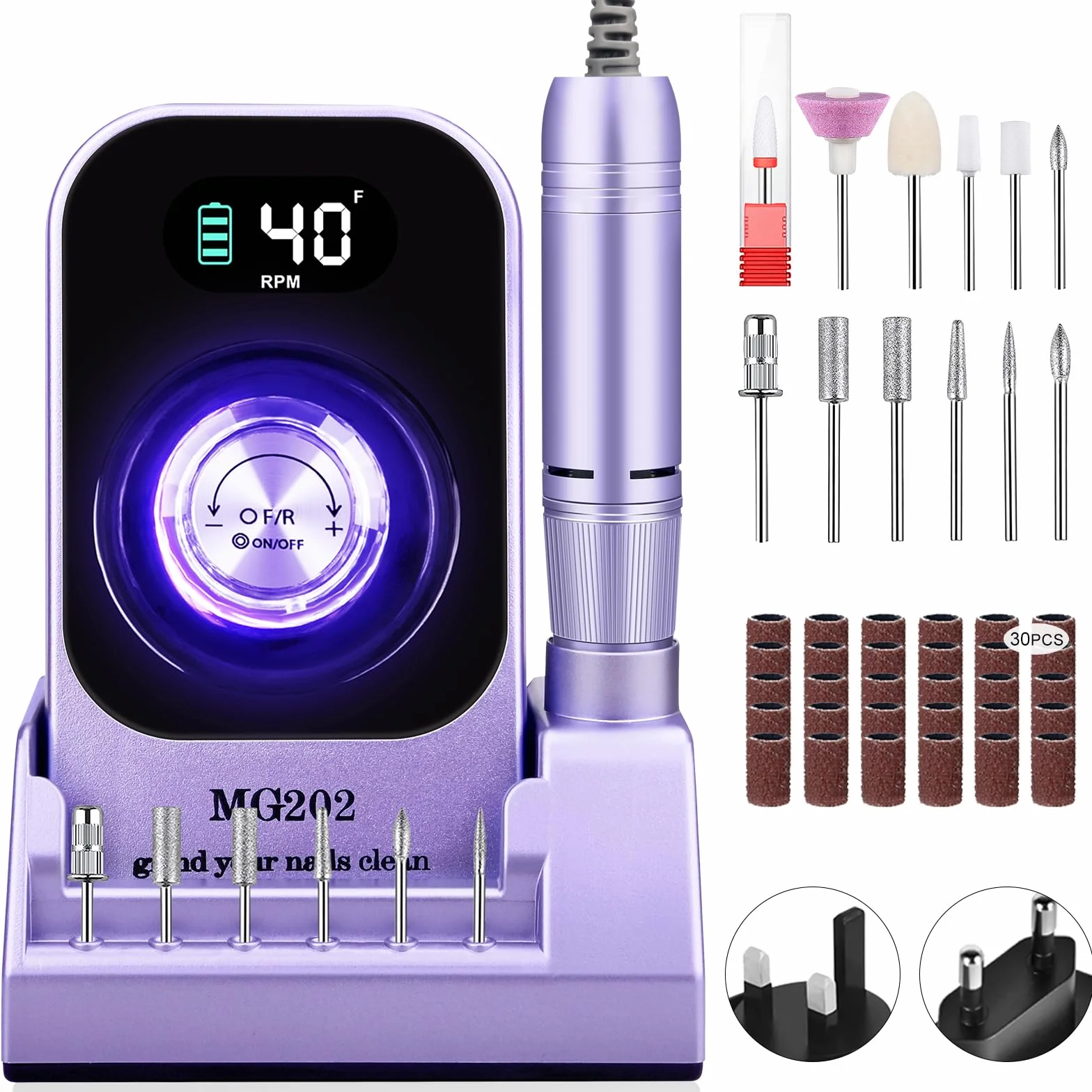 Taladro de uñas profesional 40000 RPM, Urbuti 12 en 1 Lima de uñas eléctrica 4000 mAh con pantalla LCD, velocidad ajustable, silencioso, taladro de manicura portátil para salón/hogar (púrpura)