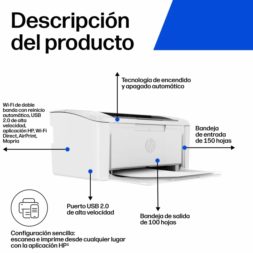 HP LaserJet M110w Impresora Láser A4 Monocromo Doble Cara Manual 20 ppm Wi-Fi USB 2.0 Bluetooth Blanca