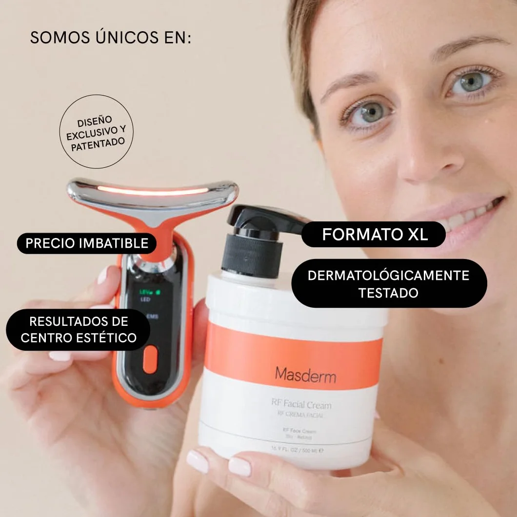 MASDERM Masajeador Facial y Cuello Profesional Radiofrecuencia 500 ml, Luz Roja RF, Lifting Facial 2 Pack