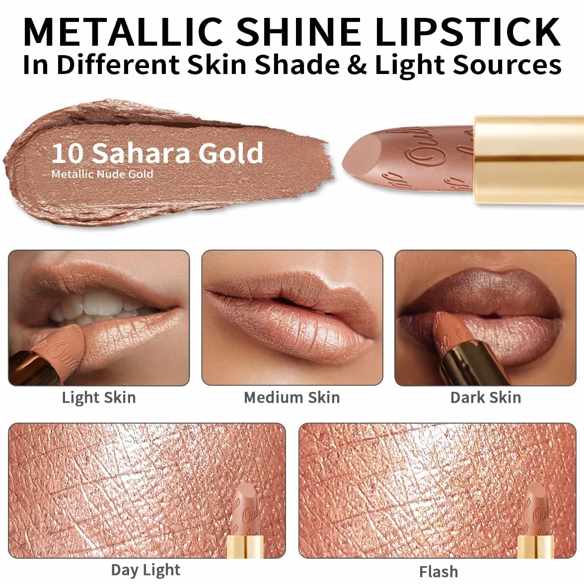 Pintalabios OULAC Sahara Gold Brillo Metálico 3D Larga Duración Alta Pigmentación Cobertura Total Cremoso Hidratante Vegan 4.3 g