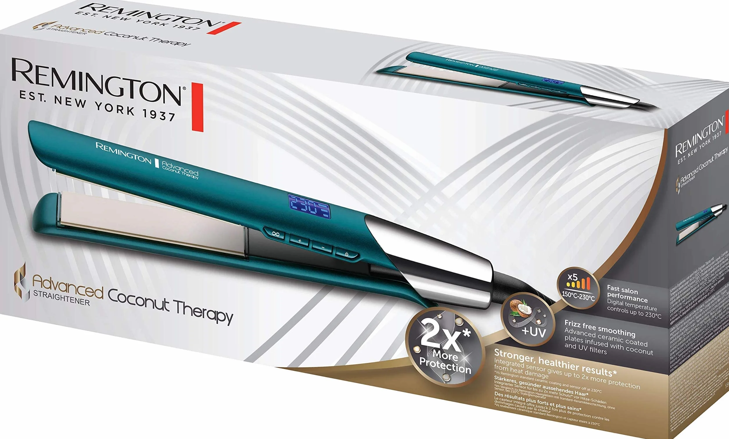 Remington Plancha de Pelo Advanced Coconut Therapy, Cerámica Avanzada con Coco y Filtros UV, Placas Flotantes Extralargas, 5 Temperaturas hasta 230°C, Digital, S8648, Verde