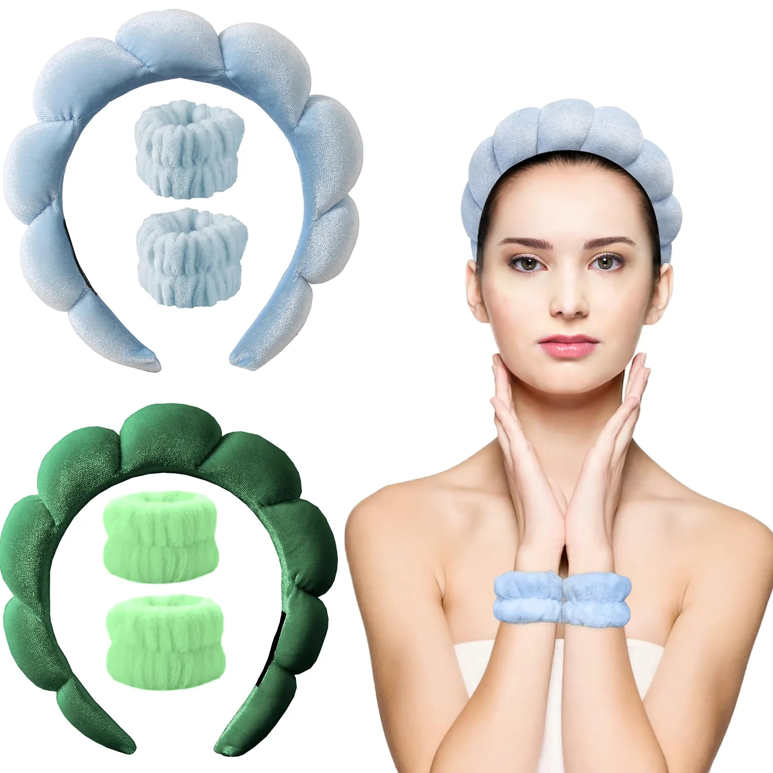Diademas de terciopelo para spa: diademas para el cuidado de la piel con muñequeras | Antideslizante, súper absorbente y elástica para lavado de cara | Exquisita costura, diademas de maquillaje de