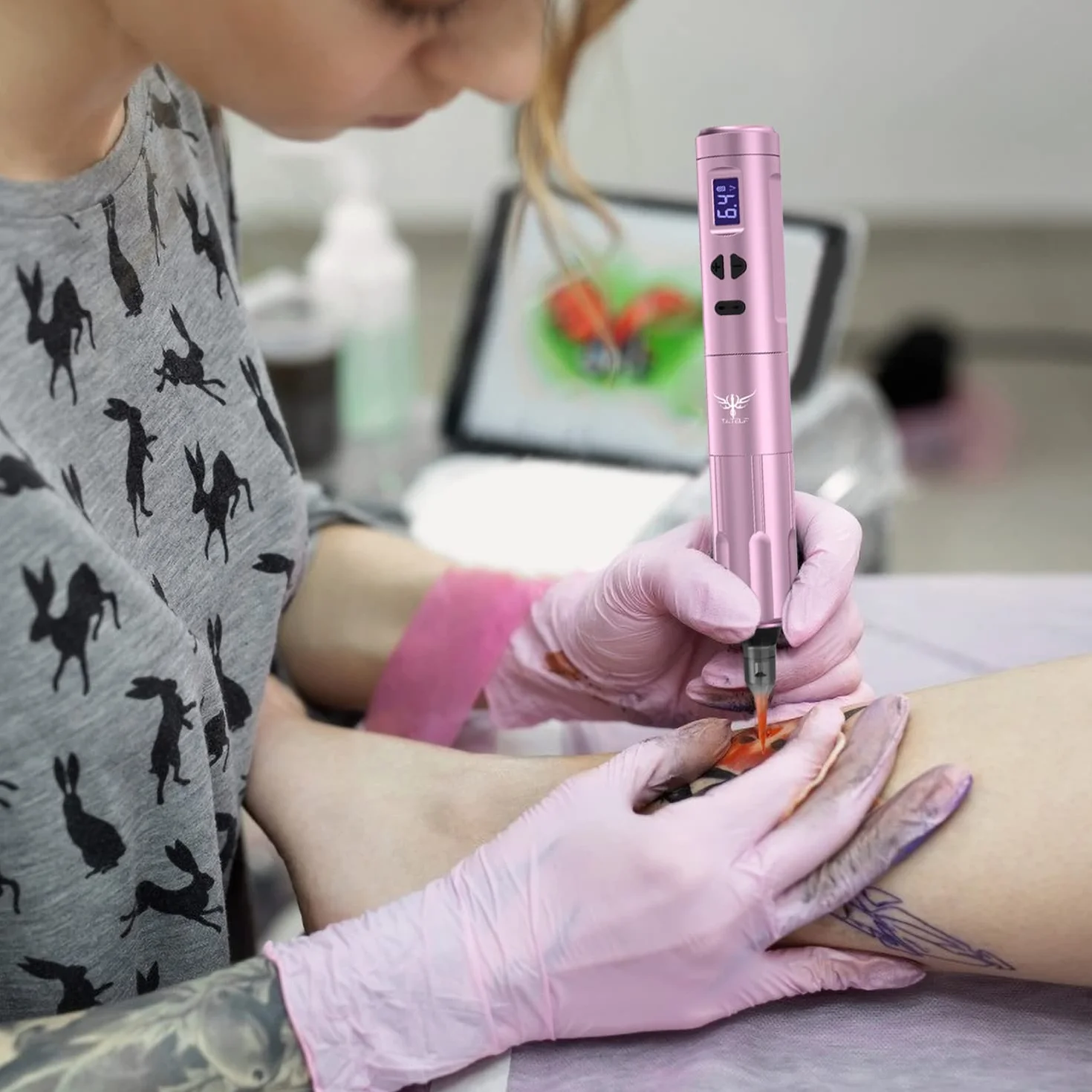 TATELF Kit de máquina de maquillaje semipermanent de Inalambrica con 2 Batería de Alimentación 10 cartuchos agujas para principiantes (Rosa)