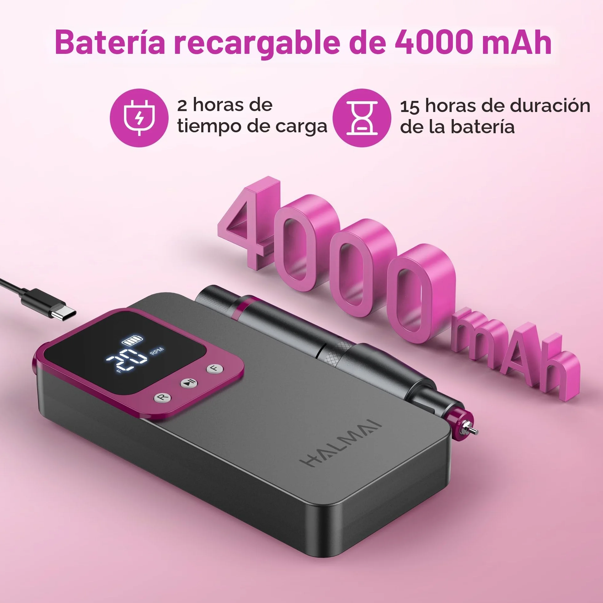Taladro Eléctrico para Uñas Profesional HALMAI, Kit de Lima Portátil Inalámbrica para Uñas Acrílicas y de Gel, Máquina Recargable de Alta Potencia 40000 RPM para Salón - Modelo HMC320 (Gris Oscuro)