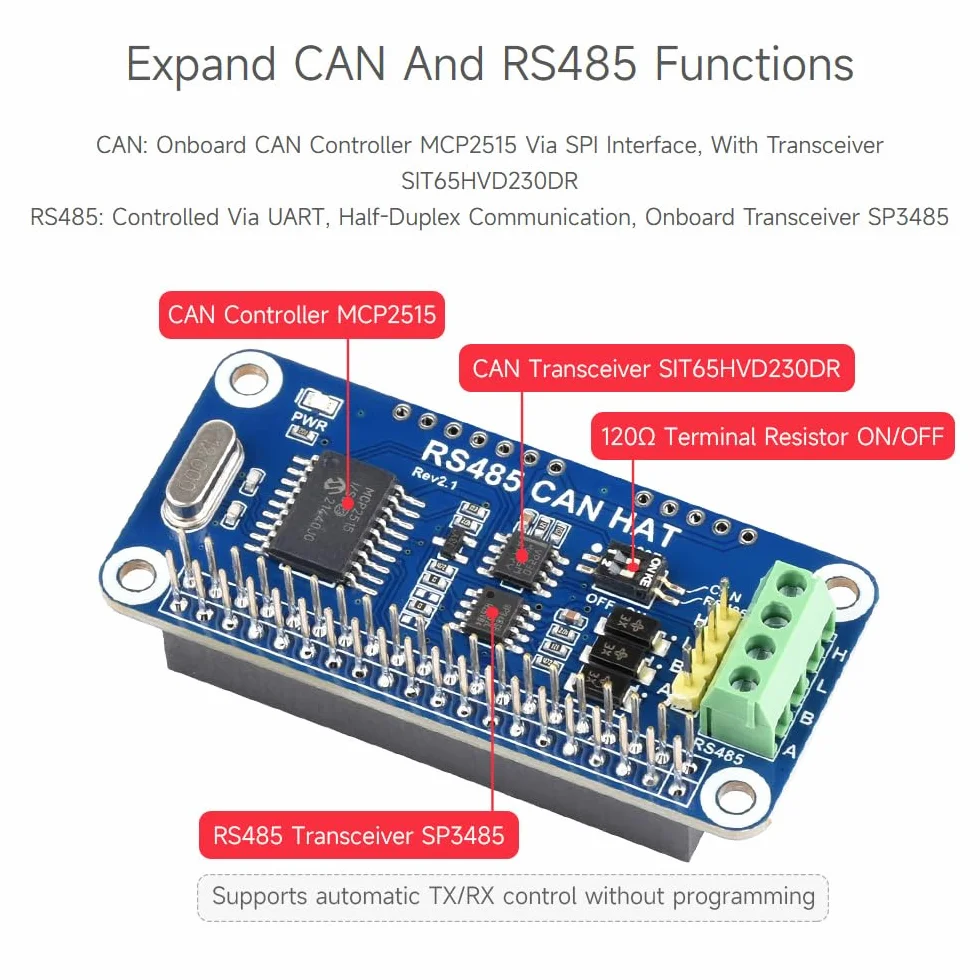 Waveshare RS485 CAN HAT for Raspberry Pi Zero/Zero W/Zero WH/2B/3B/3B+ Long Distance Communication