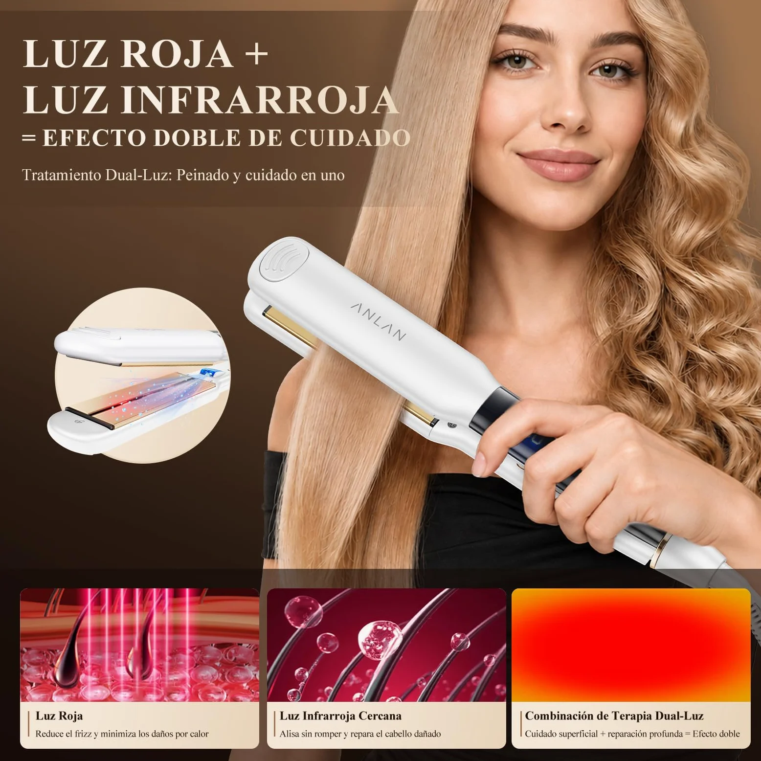 ANLAN Plancha de pelo iónica con luz roja, placas cerámicas flotantes 3D de 36 mm, Rápido 15s, 14 niveles, pantalla LCD, profesional e inteligente