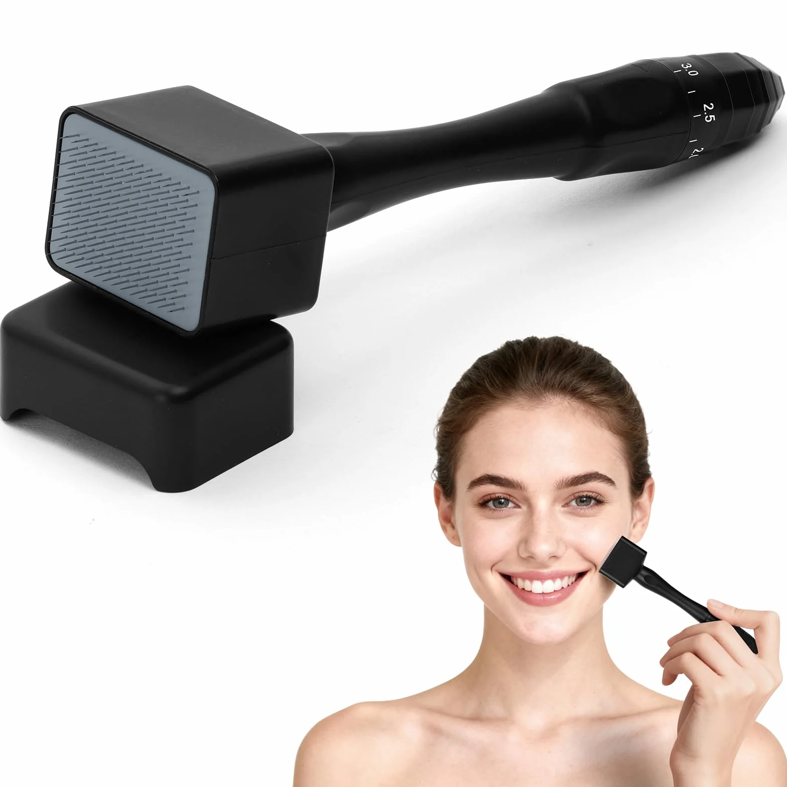 Derma Stamp Ajustable 0-3 mm Microneedling Dermapen Profesional 140 Pines Microagujas para Cabello Barba y Cuidado Facial Negro