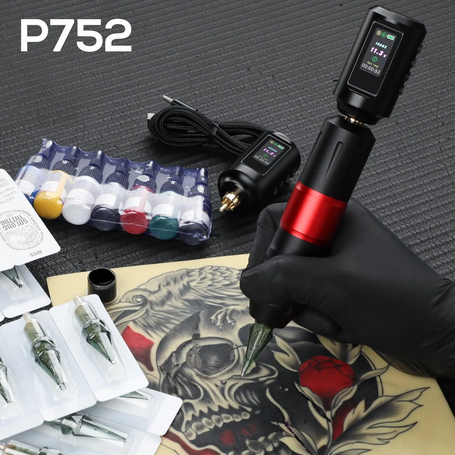 Kit de Máquina de Tatuar Solong 20 agujas para tatuajes, 7 botellas de tinta, 2 baterías de 1800 mAh, kit completo de tatuaje para principiantes y profesionales EF-TKP752AEU-2
