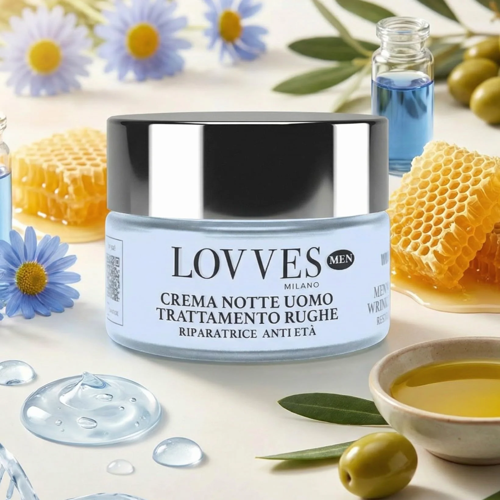 LOVVES Crema de Noche Antiarrugas para Hombre, Alta Cosmética Natural, Repara la piel, Antioxidante y Regeneradora, Previene el Envejecimiento Prematuro, Absorción Rápida, 50ml