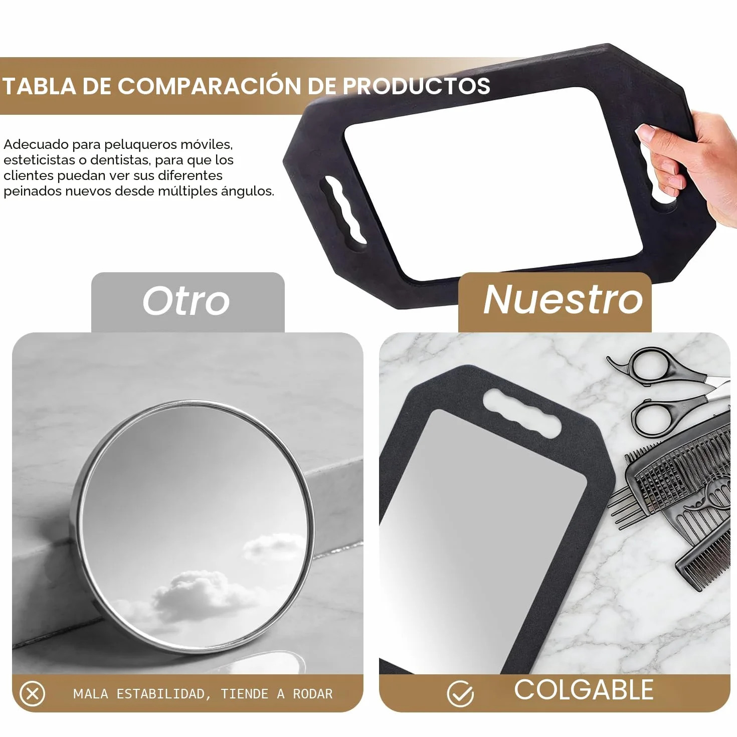 Espejo de mano grande con doble asa, espejo de cosméticos acrílico, herramientas de peluquería para cortar cabello, 1 pieza negra rectangular