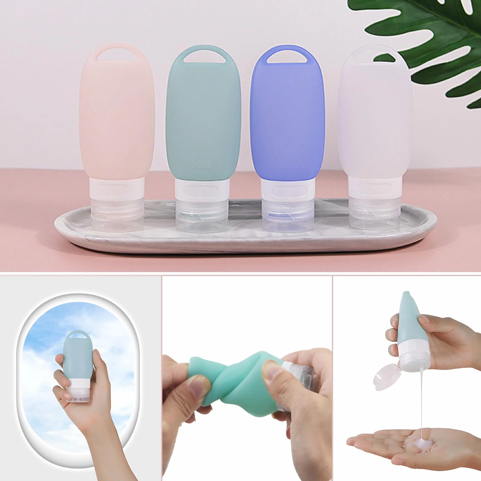 Botellas de Viaje de Silicona 60 ml Recargables TSA Aprobado con Mosquetón para Gel Champú Loción 4 Piezas
